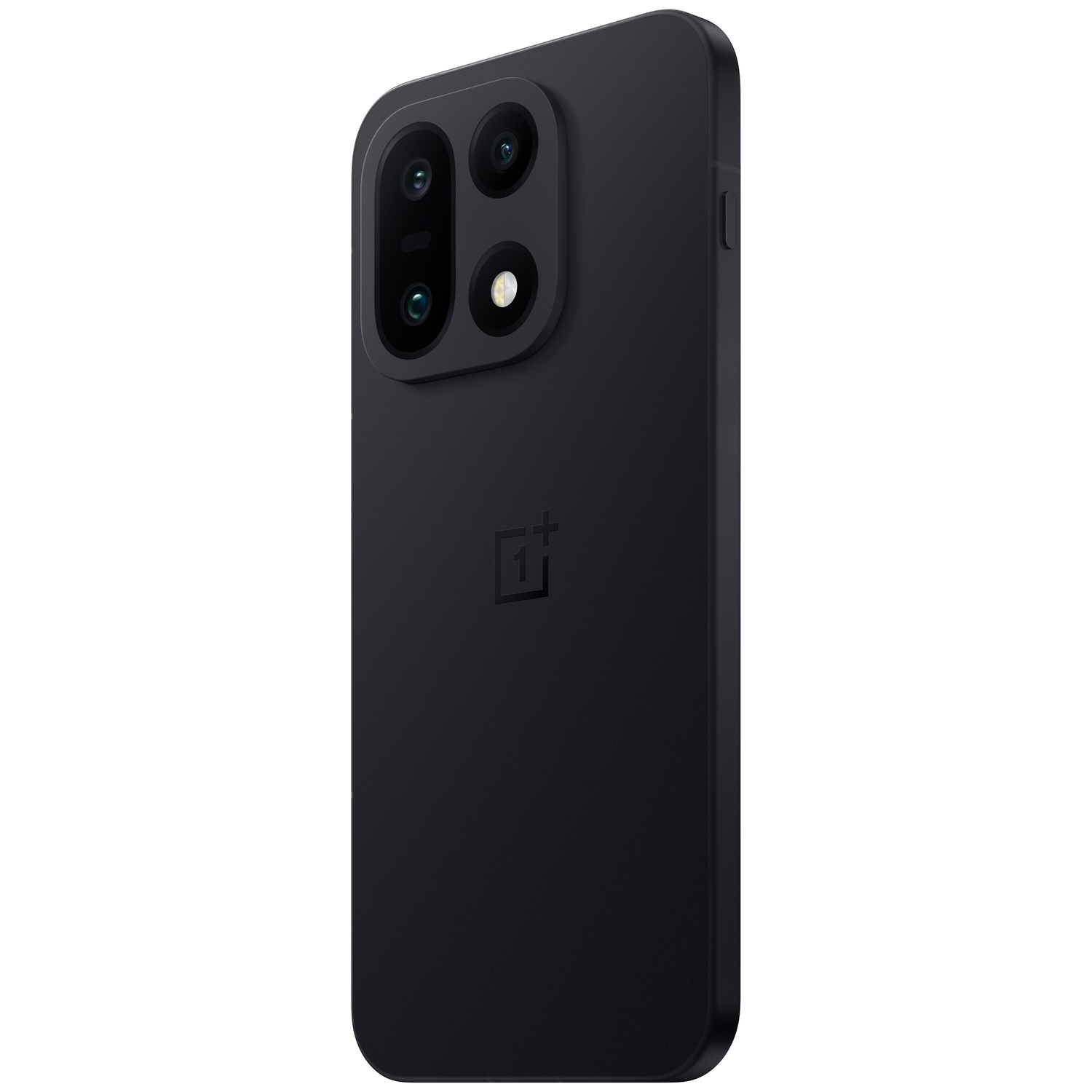 Een zwarte OnePlus telefoonhoes. Het heeft drie cameralenzen en een flitser. Het OnePlus-logo staat op de achterkant.