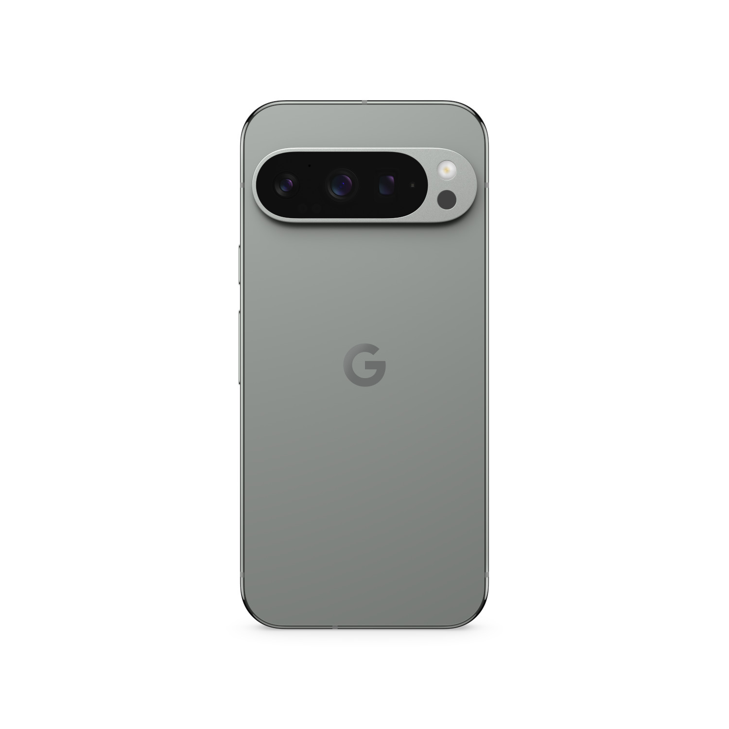 Achterkant van een groene smartphone met camerabalk, 'G' logo en zilveren frame.