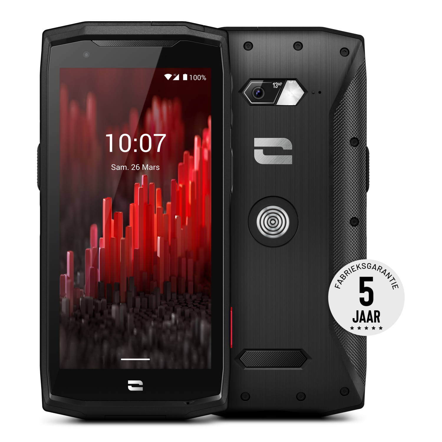 Zwarte robuuste smartphone met twee schermen, tijd weergegeven op het linkerscherm.