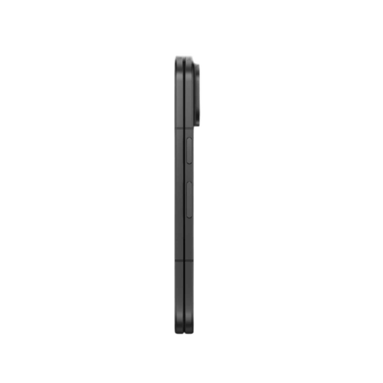 Een zwarte smartphone van opzij gezien, op een zwarte achtergrond.