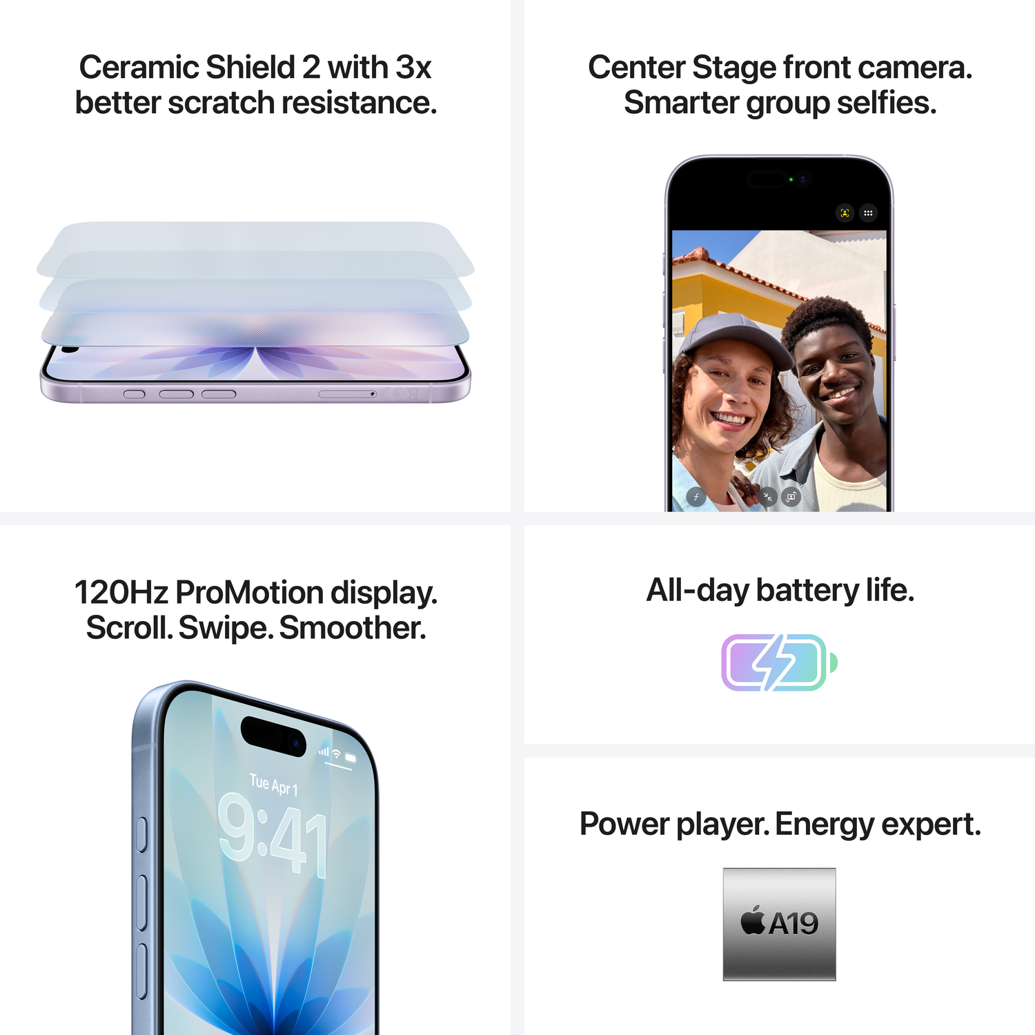 Afbeelding toont een telefoon met functies zoals Ceramic Shield, Center Stage camera, 120Hz display, batterijduur de hele dag en A19 chip.