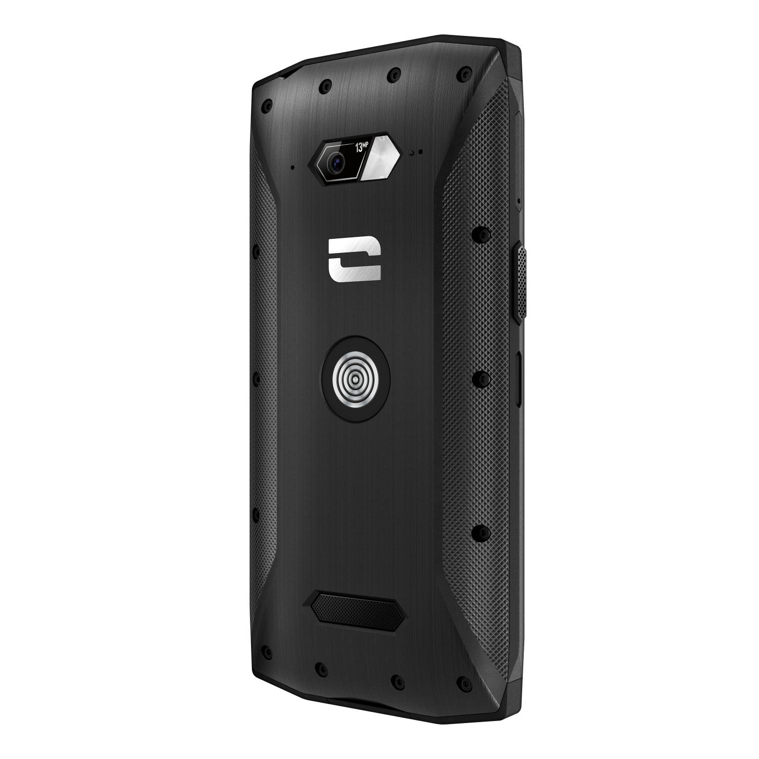 Zwarte robuuste telefoon. Achteraanzicht toont camera, flitser, logo en gestructureerd oppervlak. Zwarte achtergrond.