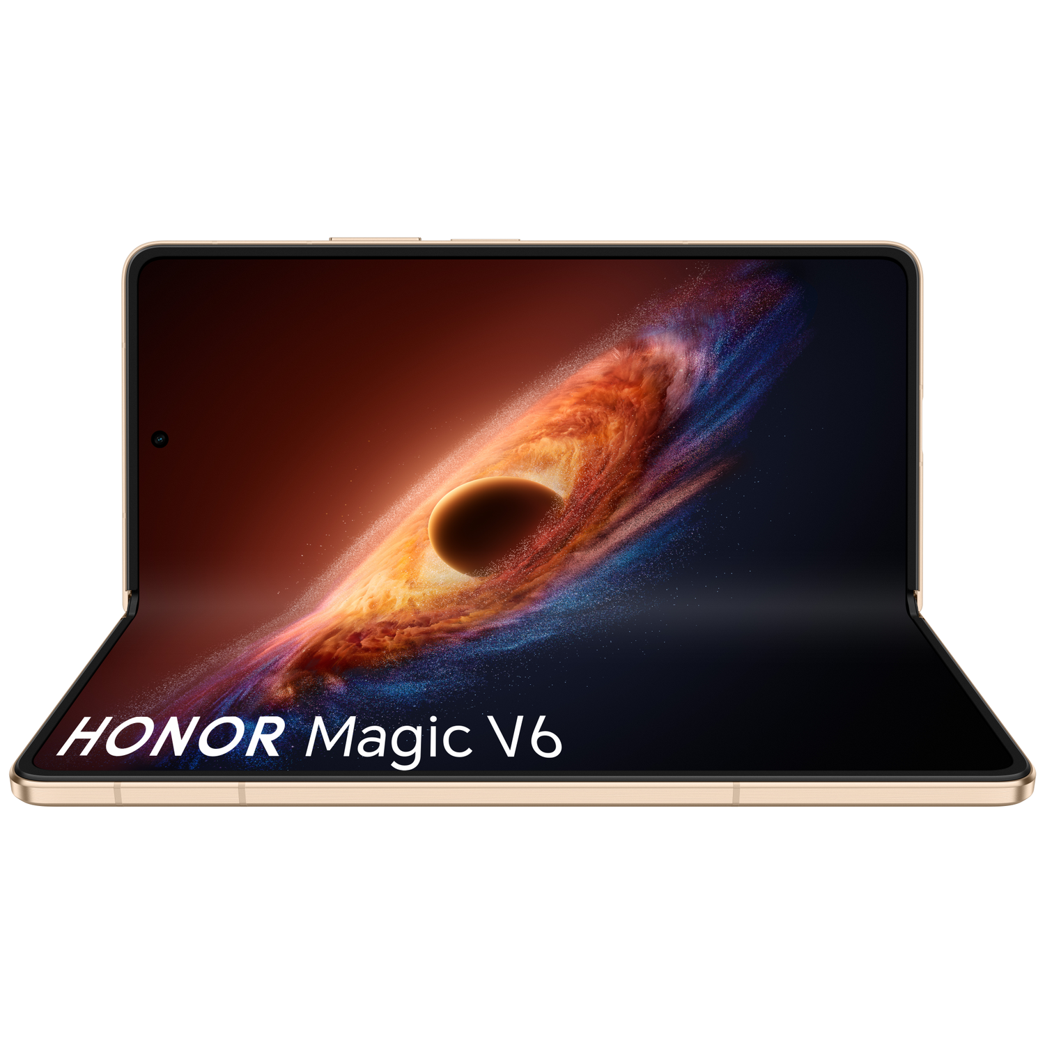 Een gouden opvouwbare smartphone met een kosmisch achtergrond.