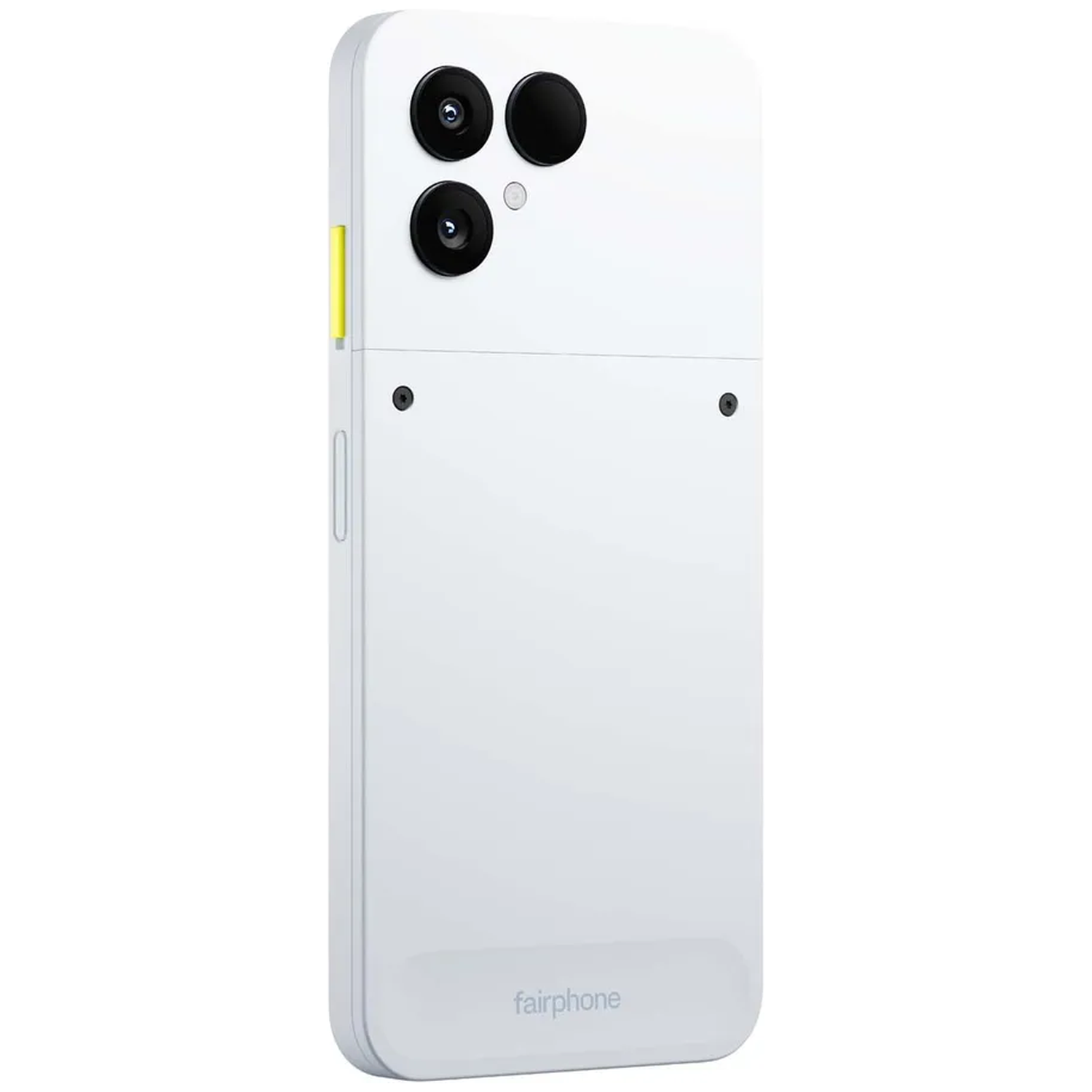 Achterkant van een witte smartphone met twee camera's en gele knop.