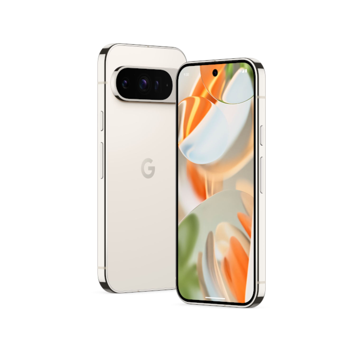 Een crèmekleurige Google Pixel-telefoon naast het scherm. Het heeft een camerabalk.