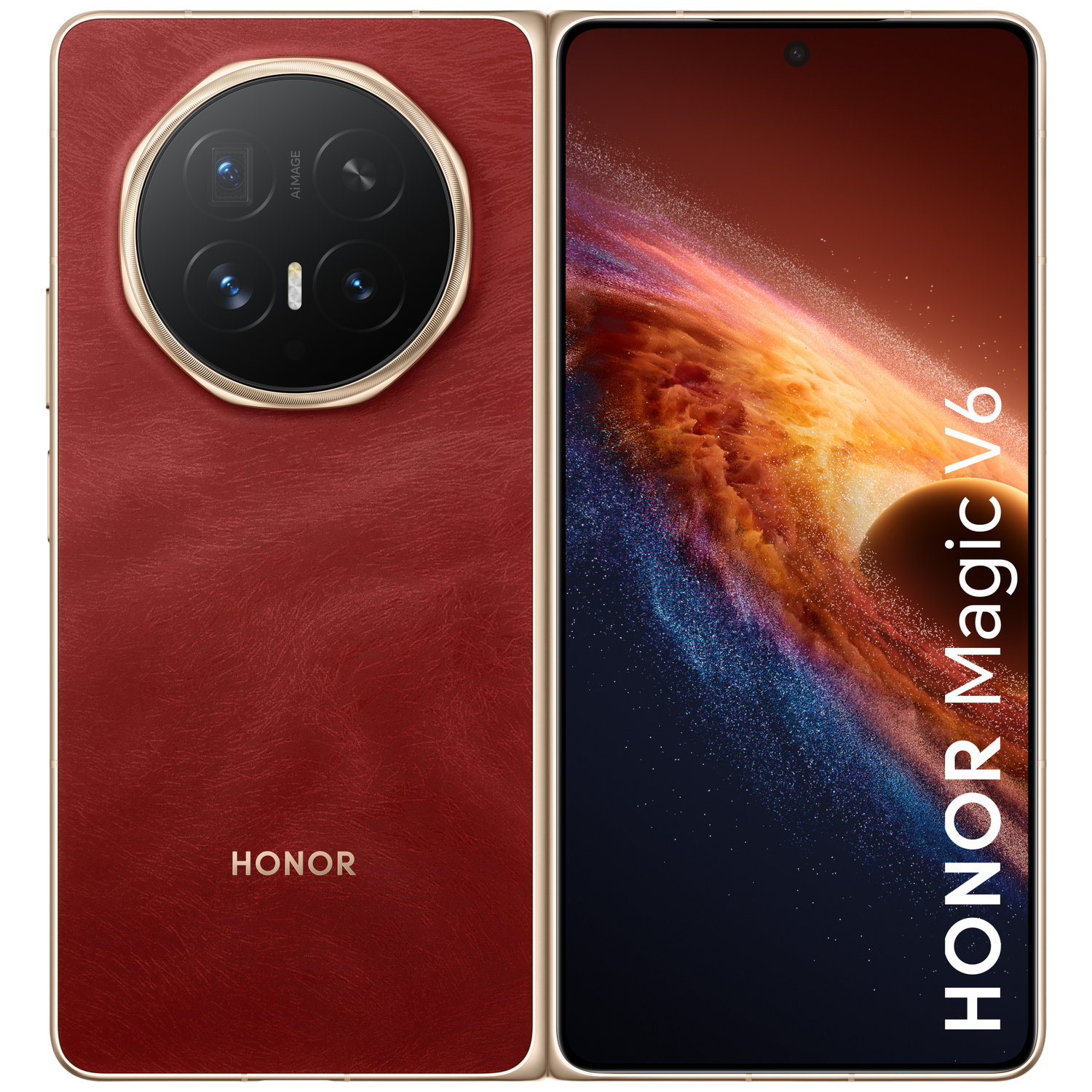 Rode Honor Magic V6 smartphone met ronde cameralens en gouden frame.