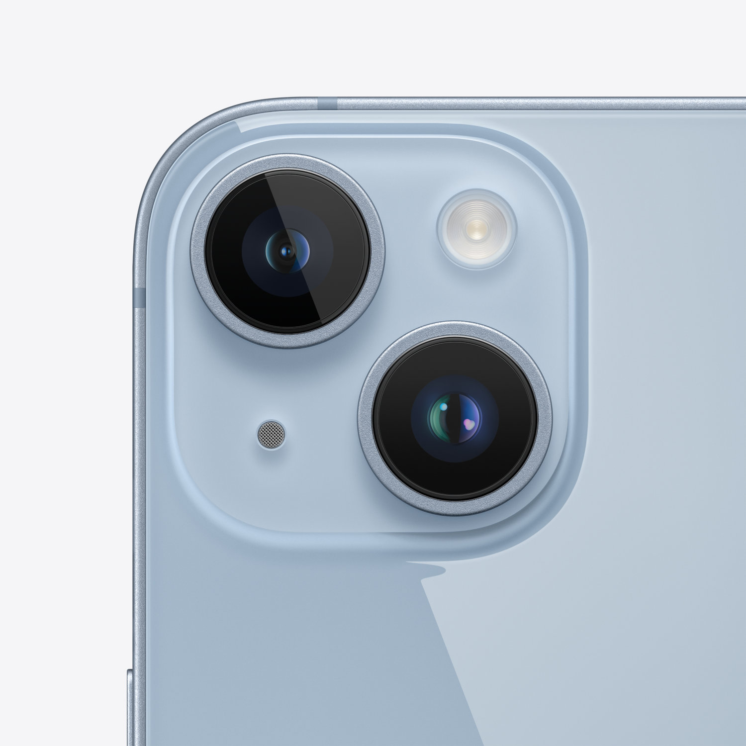 Close-up van een blauwe telefoon met twee camera's en een flitser.