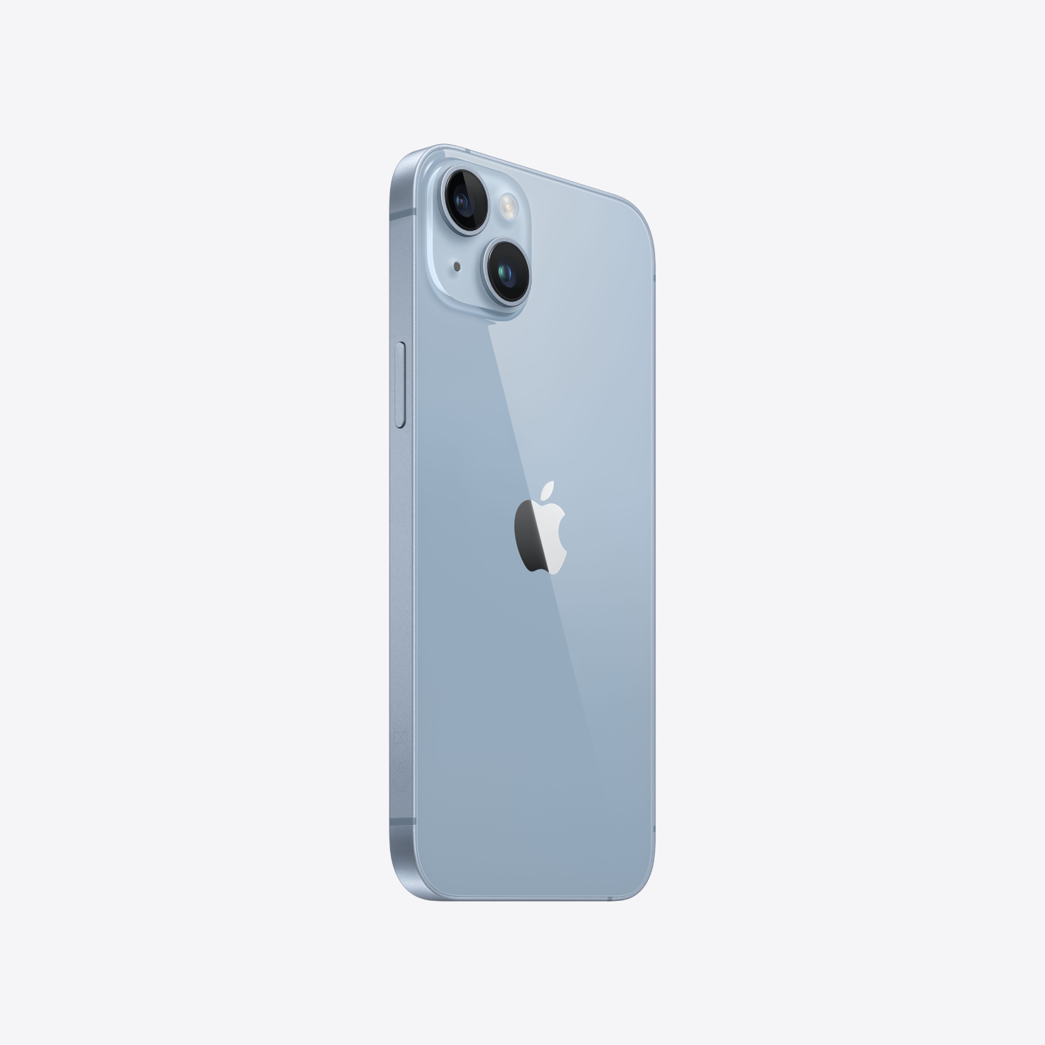Een lichtblauwe iPhone die de achterkant laat zien met het Apple-logo en cameralenzen.