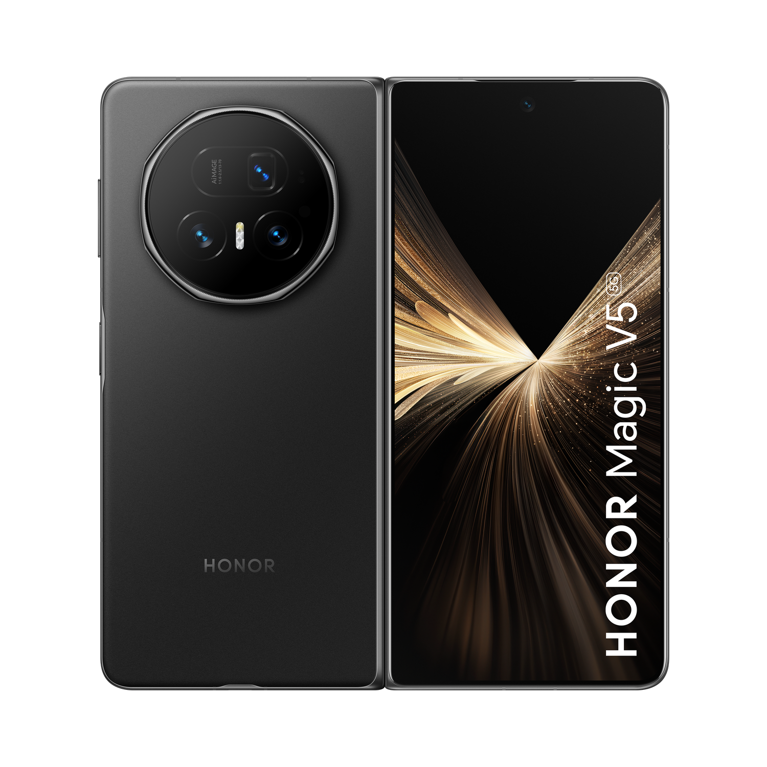 Zwarte Honor Magic V5 5G telefoon, opengevouwen. Achterkant heeft camera-array. Scherm toont gouden lichtpatroon en HONOR Magic V5 logo.