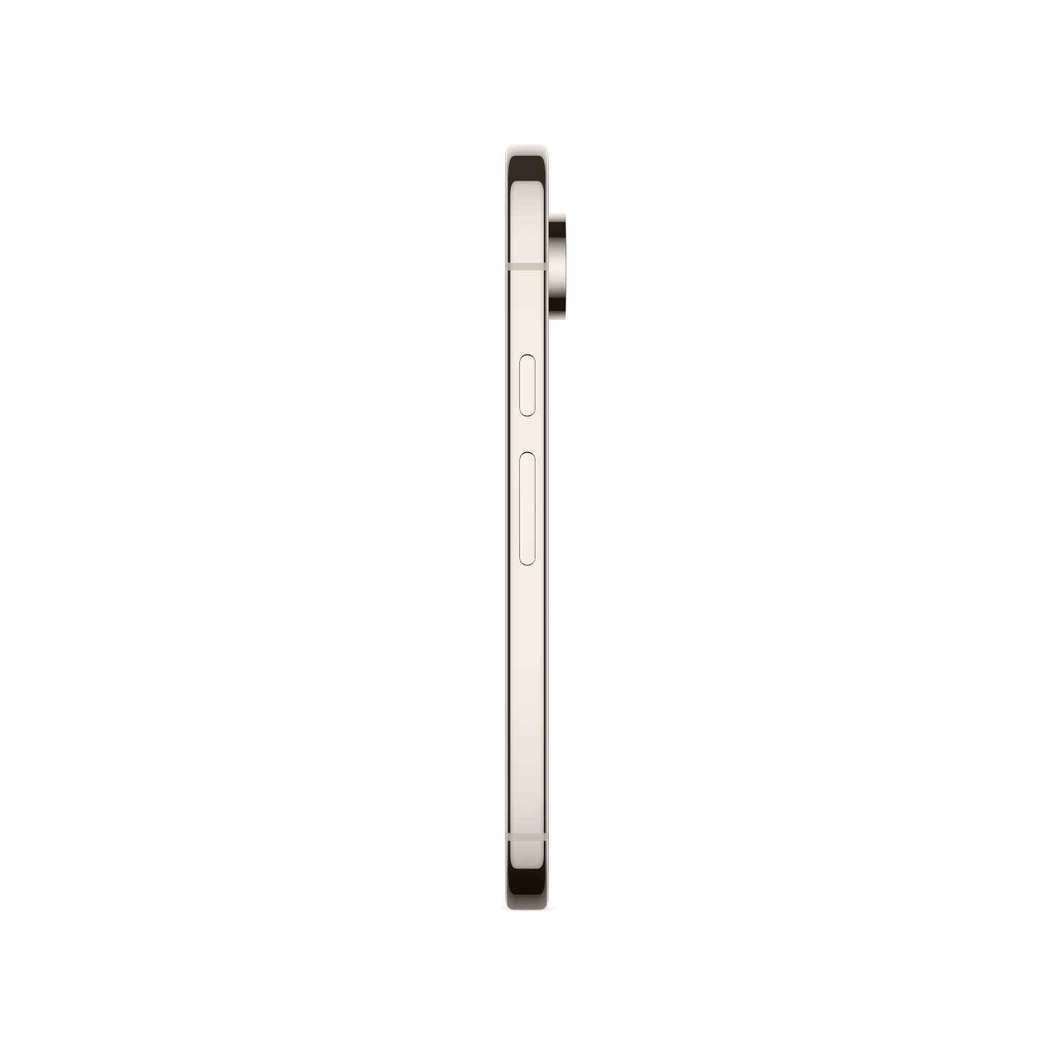 Zijaanzicht van een telefoon. Goudkleurig, met knoppen aan de zijkant. Strak en minimalistisch design.