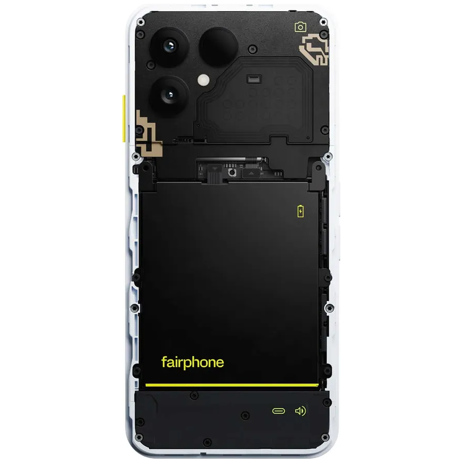 Een Fairphone smartphone met de achterkant verwijderd, tonende interne componenten.