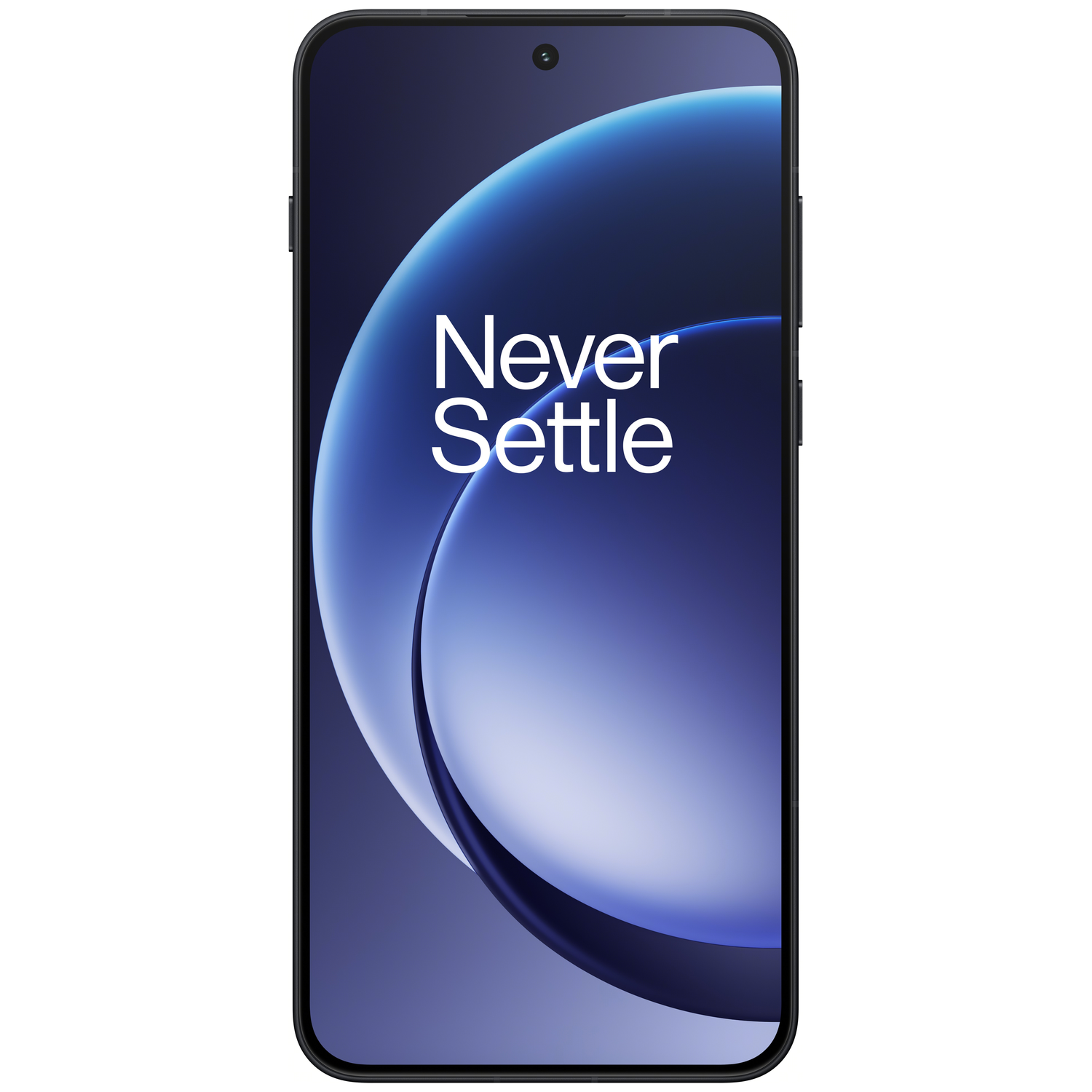 Een zwarte smartphone toont de woorden 'Never Settle' tegen een blauw-witte achtergrond. De telefoon heeft een camera aan de voorkant en een zwart frame.