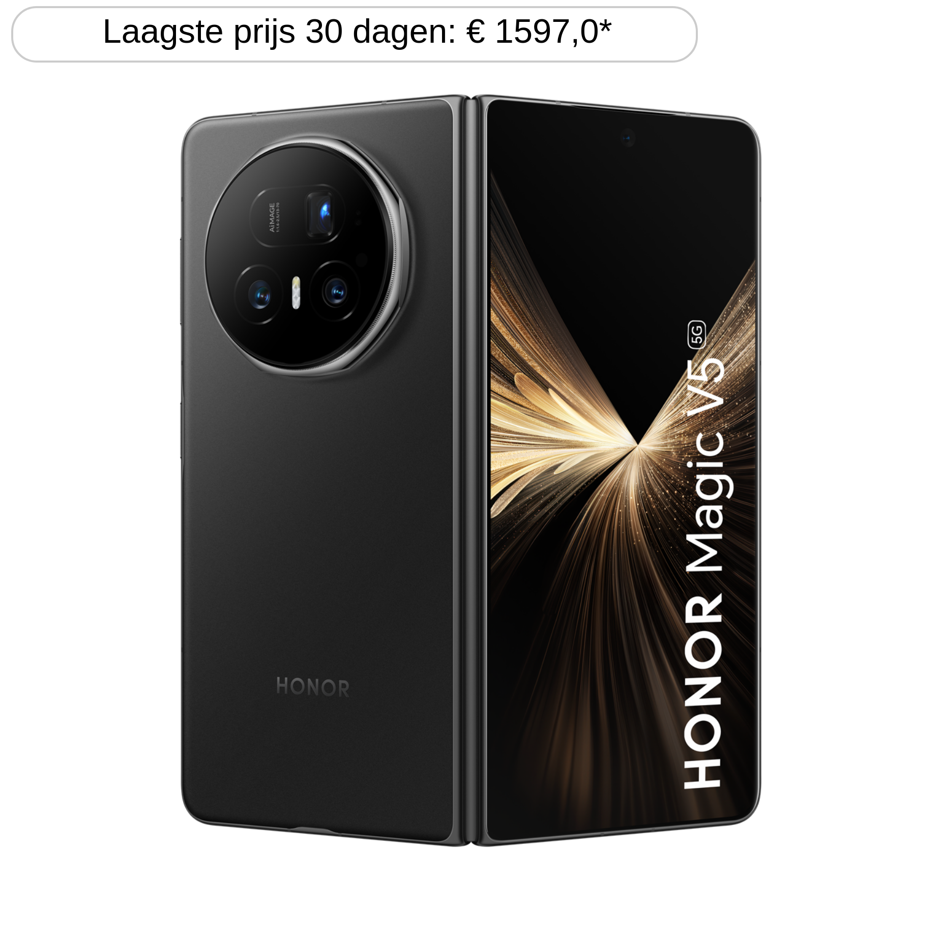 Zwarte HONOR Magic V5 5G smartphone, opgevouwen, met het scherm en de camera. De telefoon staat op een zwarte achtergrond.