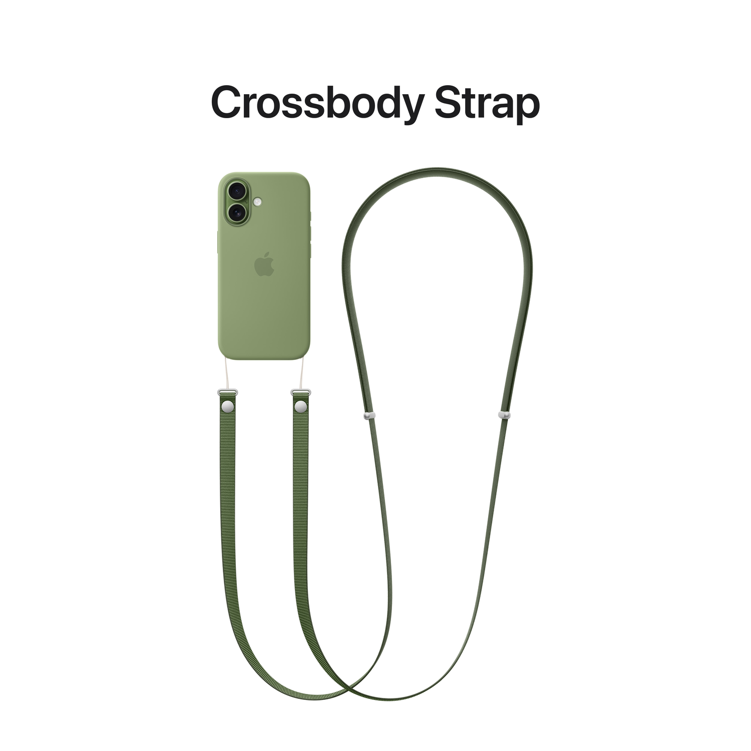 Olijfgroene iPhone-hoes met bijpassende crossbody-riem op een witte achtergrond, productopname. De woorden 'Crossbody Strap' staan erboven.