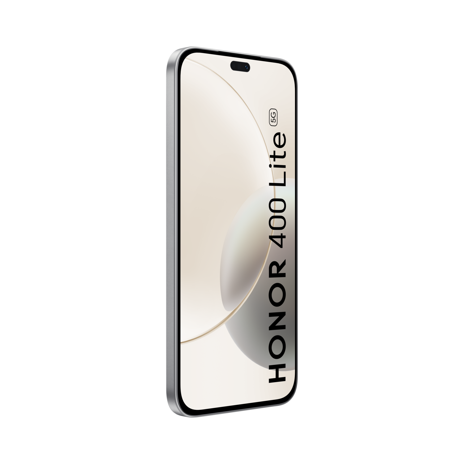Een zilveren Honor 400 Lite 5G-smartphone op een zwarte achtergrond. Het scherm toont een lichtbeige kleur met witte en gouden vormen.