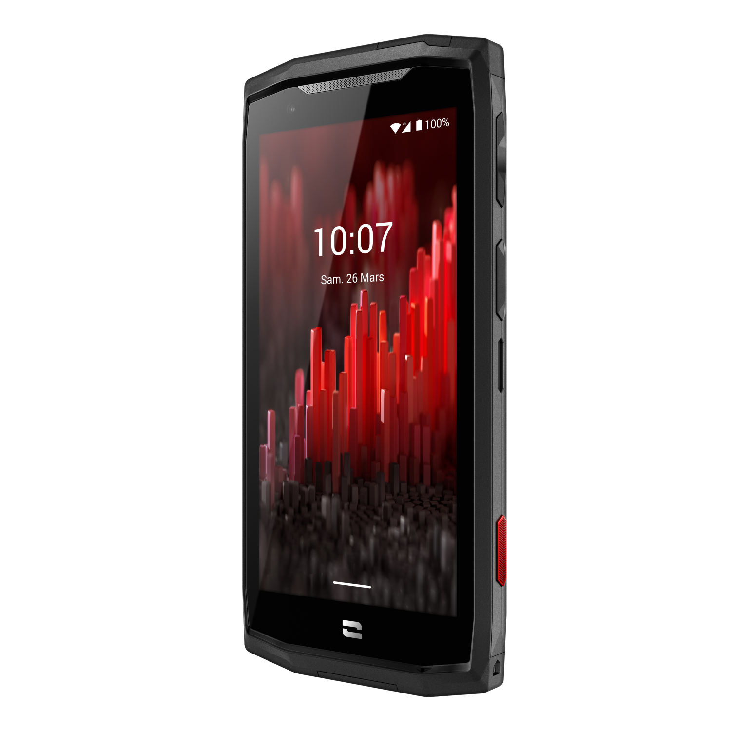 Zwarte smartphone met een rood display met de tijd, op een zwarte achtergrond.