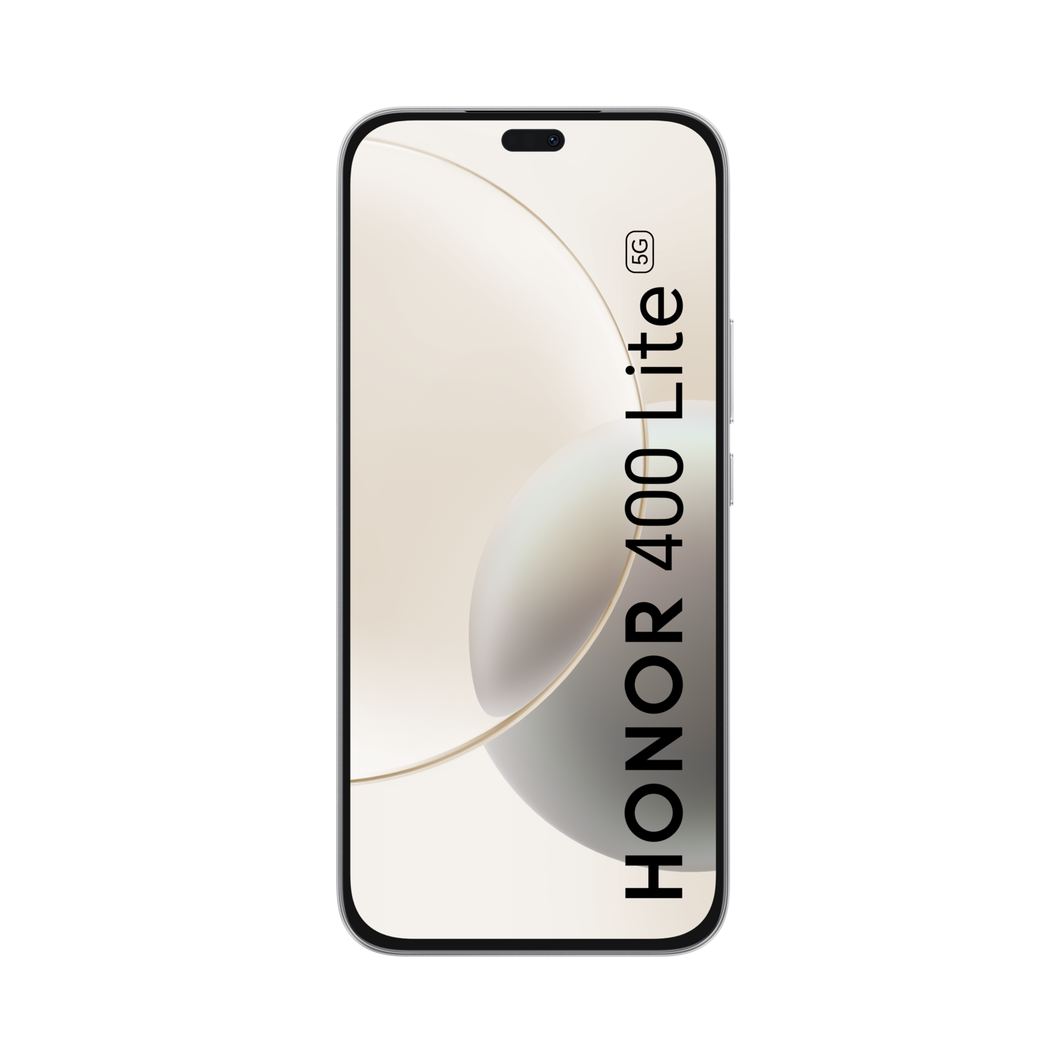 Een smartphone met een licht crèmekleurig scherm. De telefoon is gelabeld HONOR 400 Lite 5G. De achtergrond is zwart.
