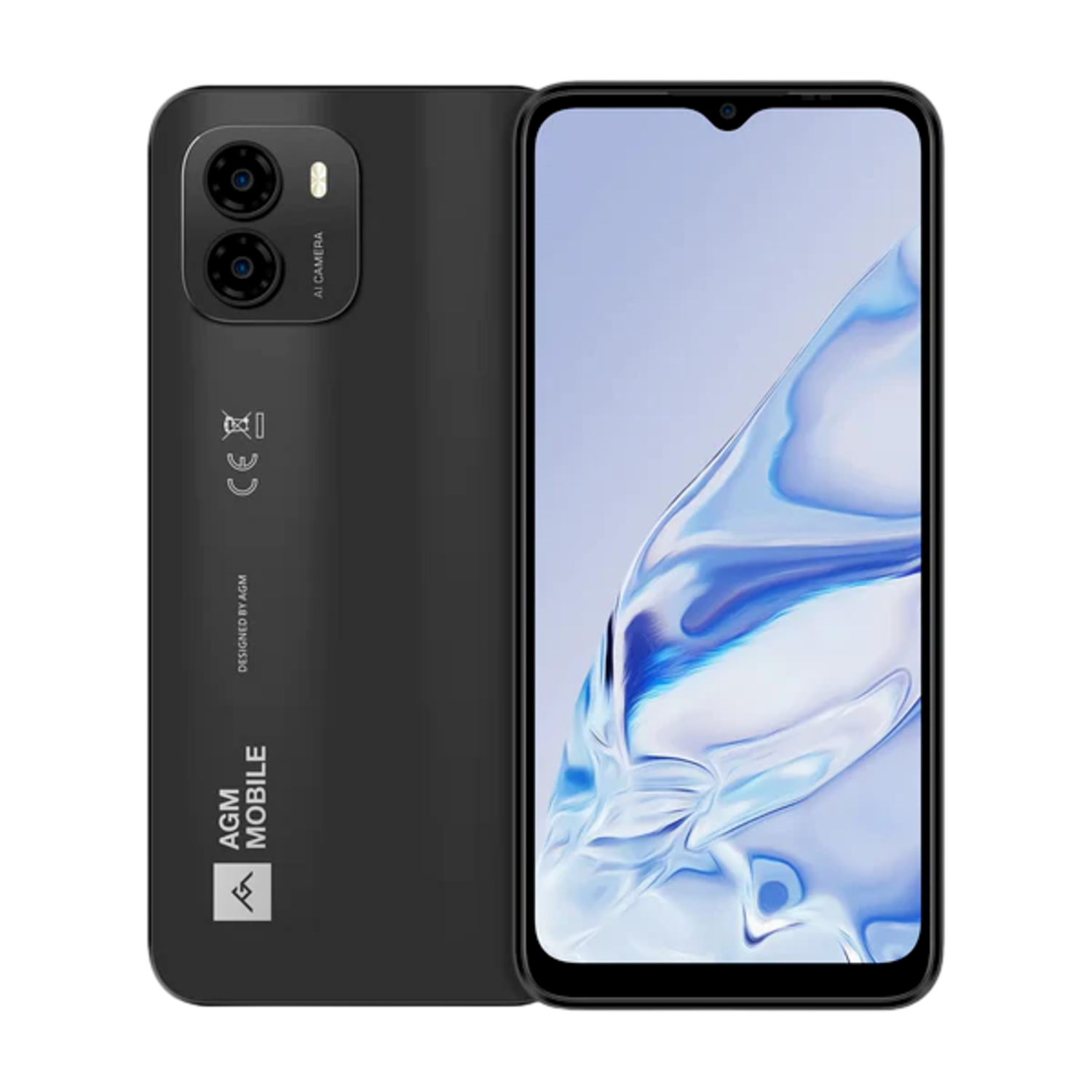 Een zwarte AGM Mobile-telefoon, twee camera's aan de achterkant en een scherm met een blauwe waterachtige afbeelding.