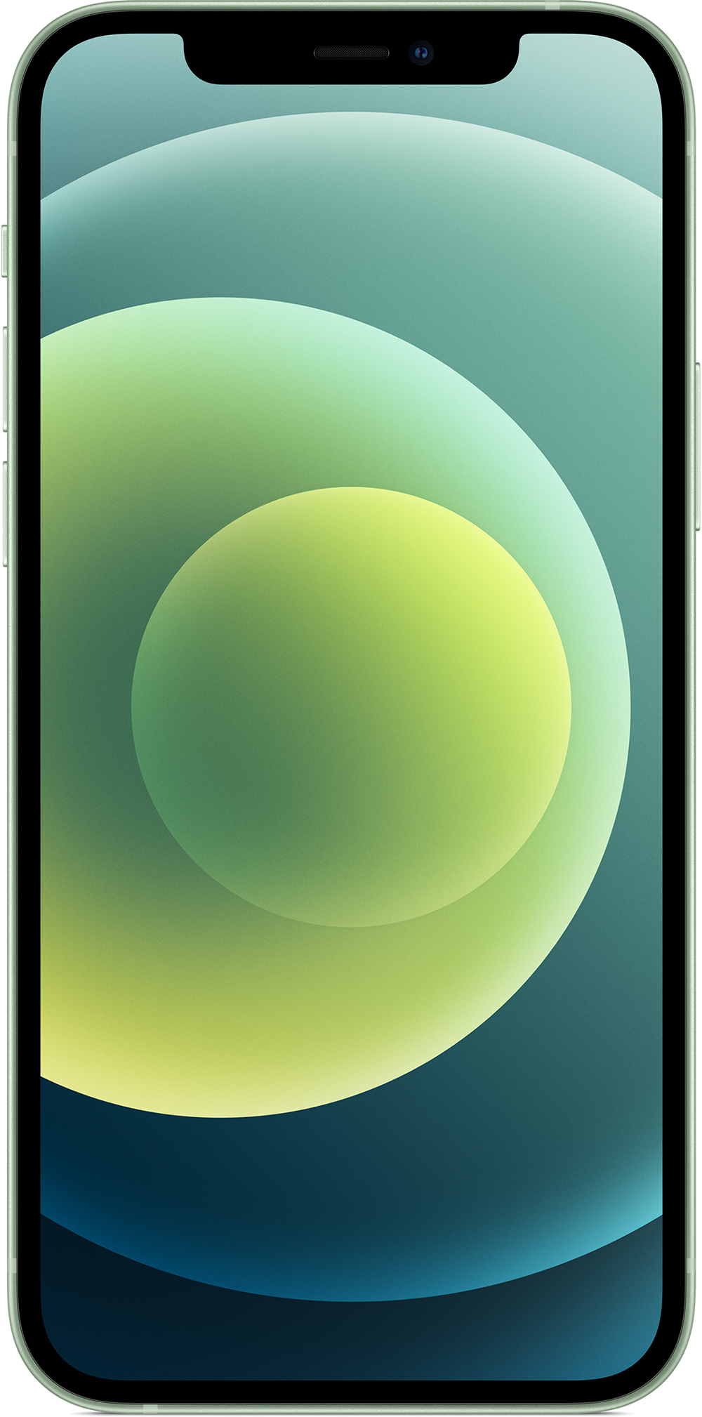 Apple iPhone 12, groen scherm. Zwarte bovenkant, groene en blauwe achtergrond.