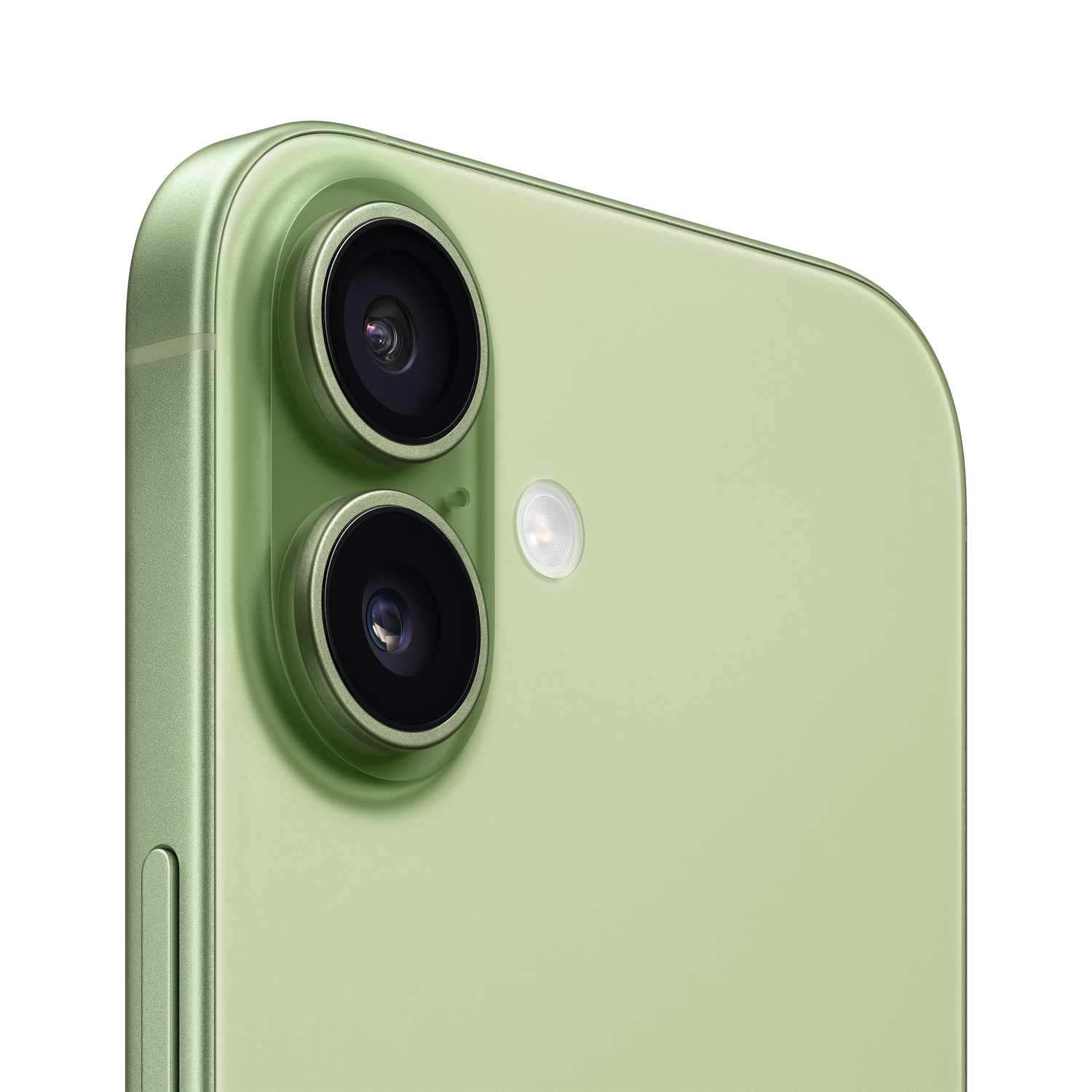 Close-up van de achterkant van een groene smartphone. Het toont twee cameralenzen en een flitser, allemaal verticaal gerangschikt. De telefoon is geïsoleerd.