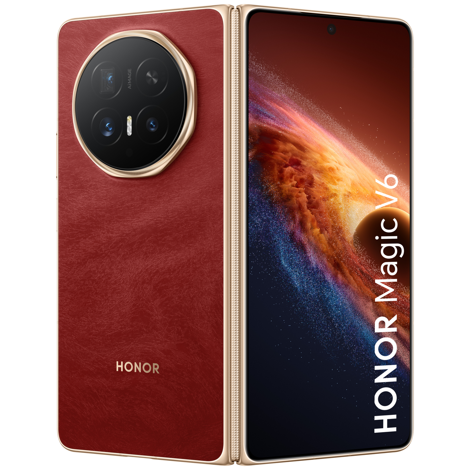 Rode Honor Magic V6 smartphone, gevouwen met camera achterkant en open met scherm.