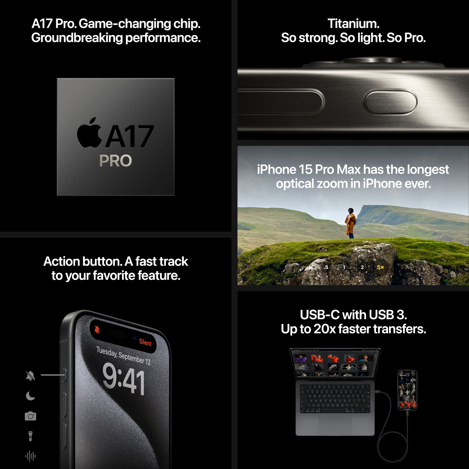 iPhone 15 Pro-functies collage: chip, titanium, actieknop en USB-C-poort.