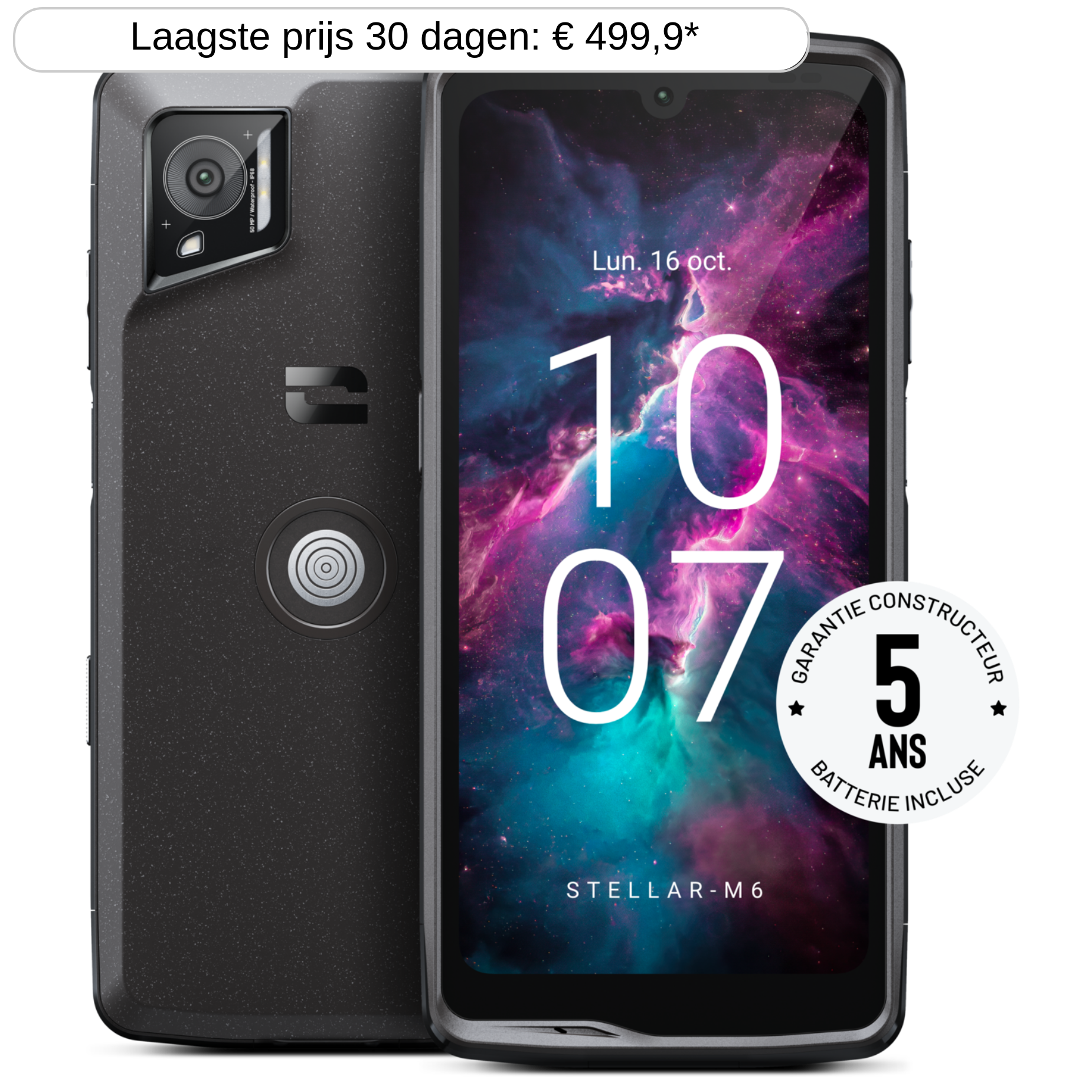 Zwarte smartphone met kleurrijk scherm, toont de tijd. Achterkant: camera, logo. Witte achtergrond.
