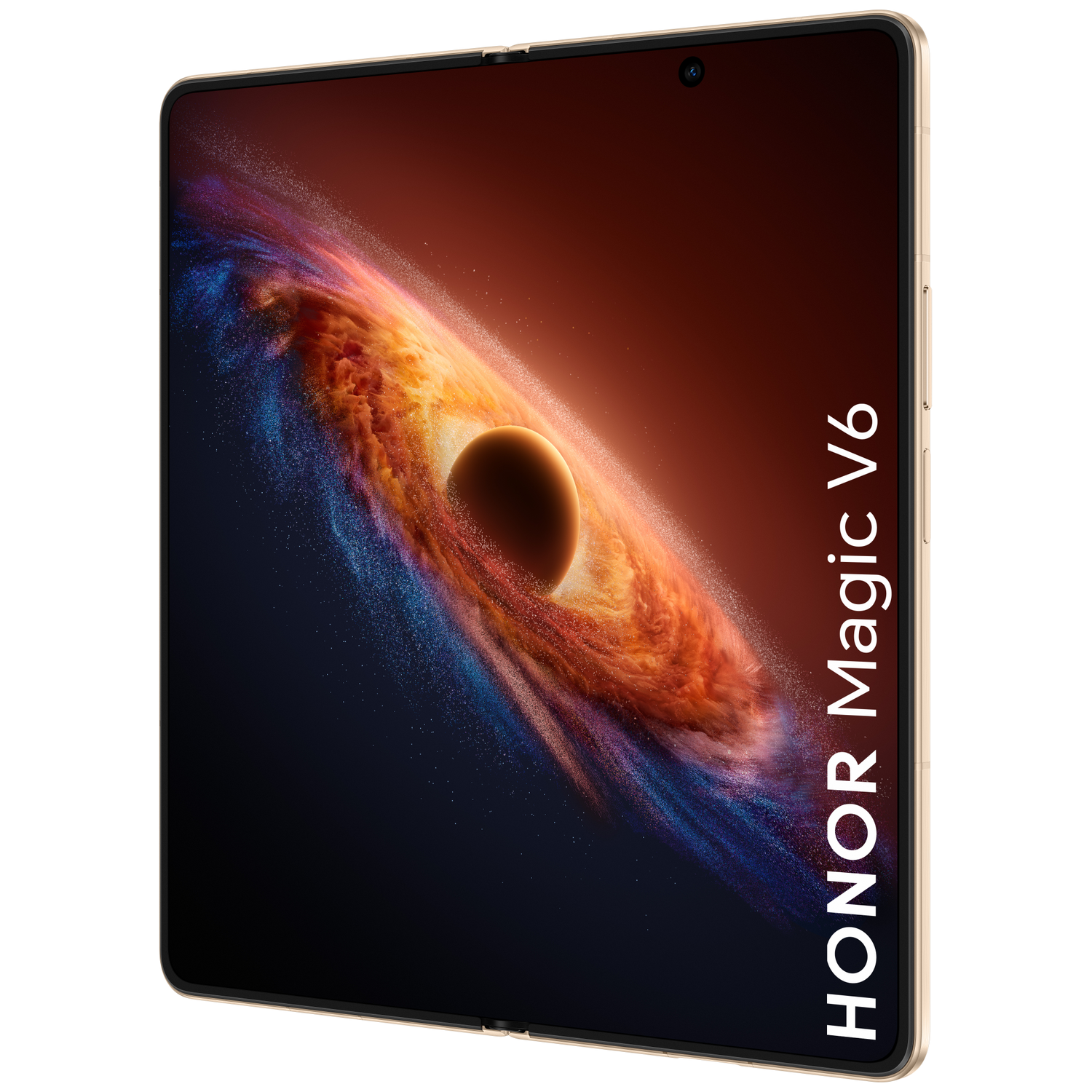 Een HONOR Magic V6 smartphone met een kosmische achtergrond.