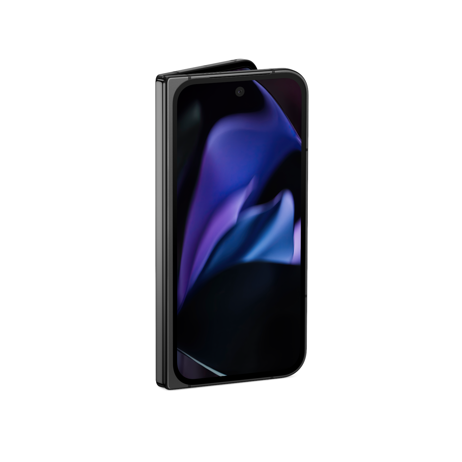 Opvouwbare smartphone, zwart, met gebogen scherm, abstracte paarse afbeelding.