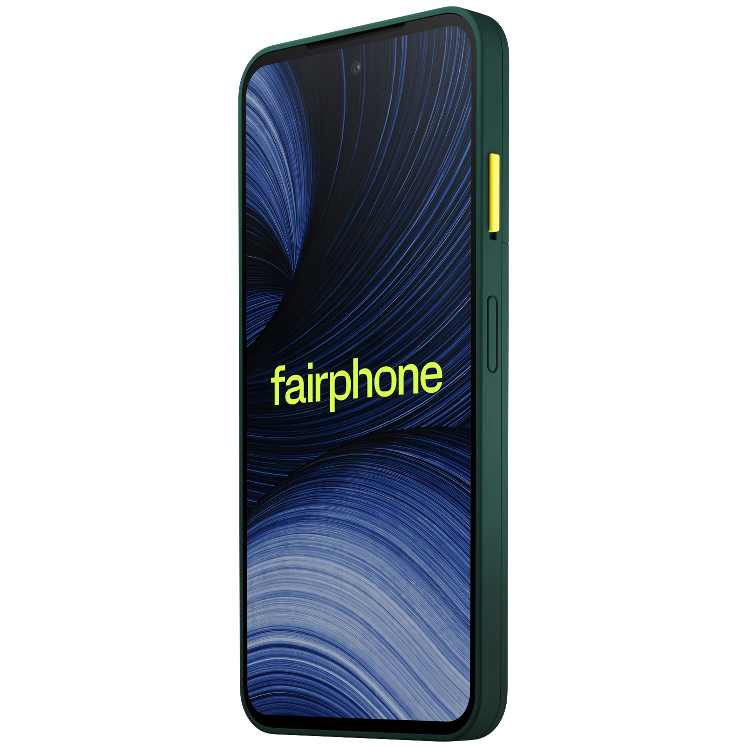 Groene Fairphone met blauw wervelpatroon op het scherm en gele aan-uitknop.