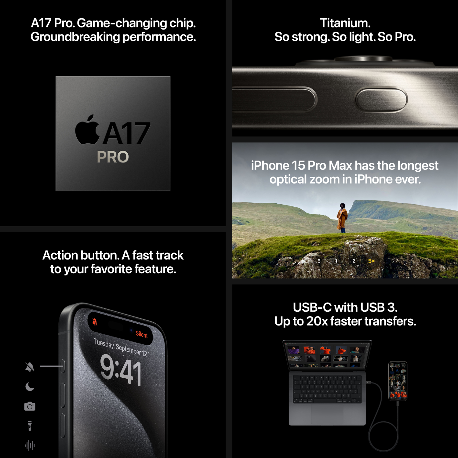 Een collage toont A17 Pro-chip, titanium, iPhone 15-functies en USB-C snelle overdracht. Zwarte achtergrond.