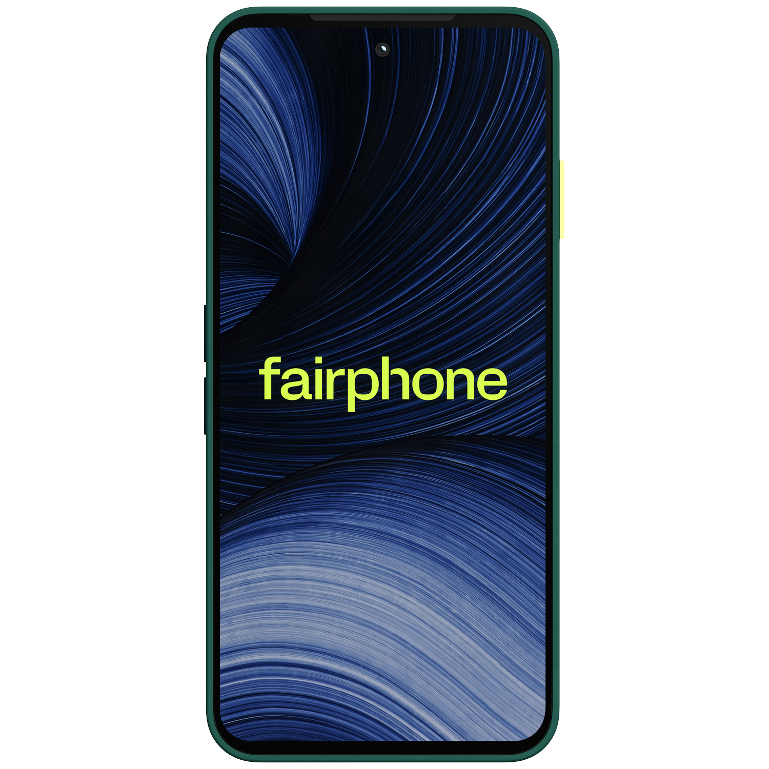 Een groene smartphone met een blauwe wervelende achtergrond en gele fairphone-tekst.