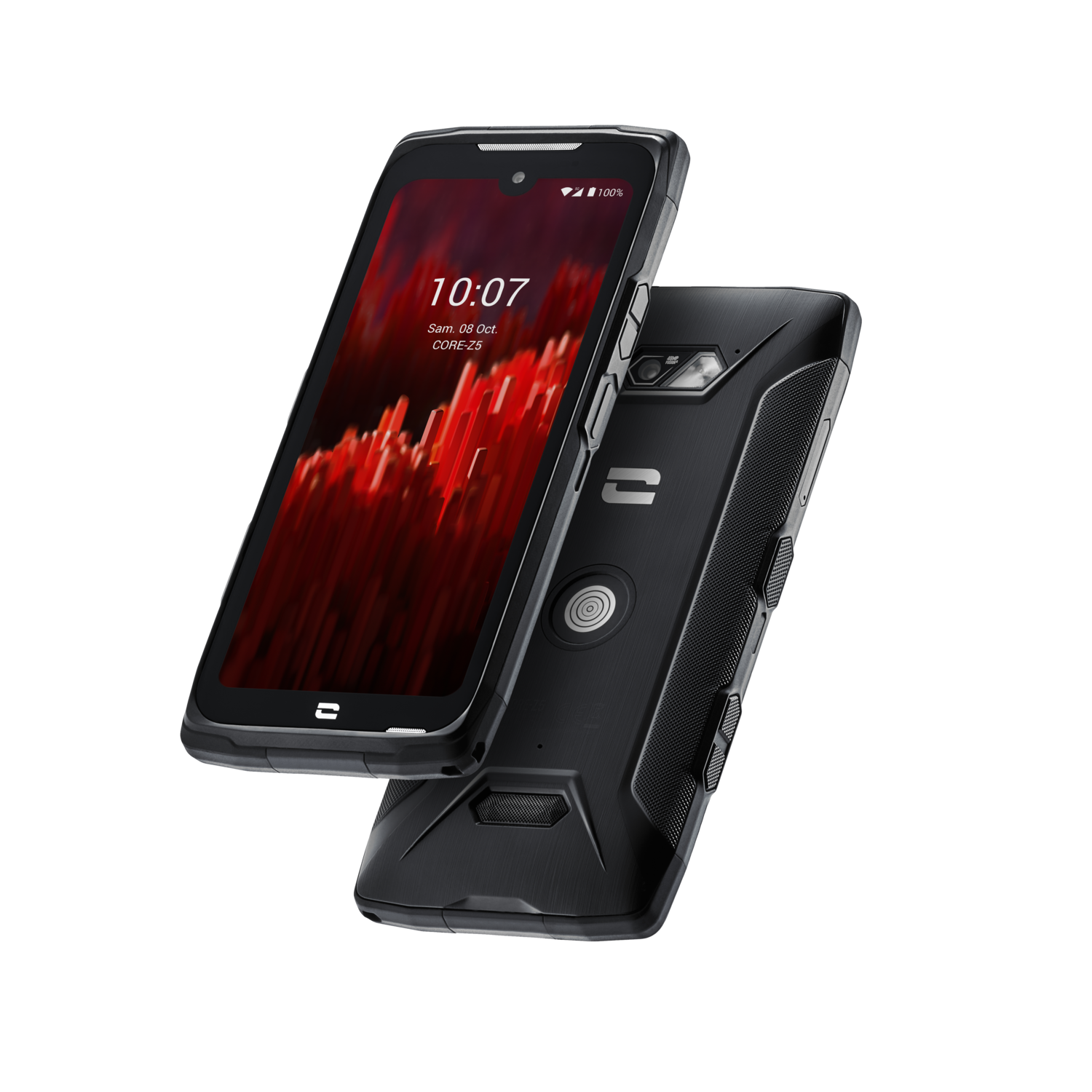 Twee zwarte, robuuste smartphones, één met een rood scherm, de andere met de achterkant.