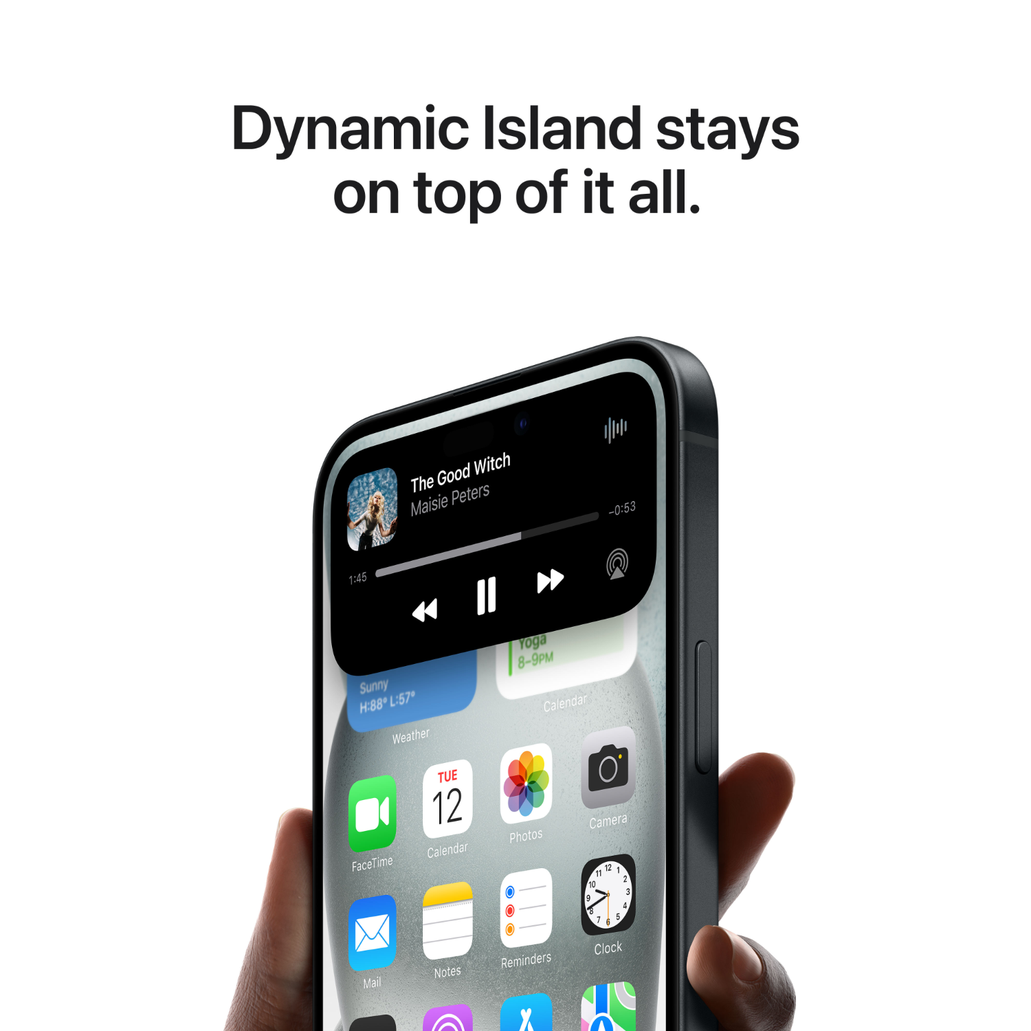 Telefoonscherm met app-iconen, muziekinterface en de tekst 'Dynamic Island stays on top'.