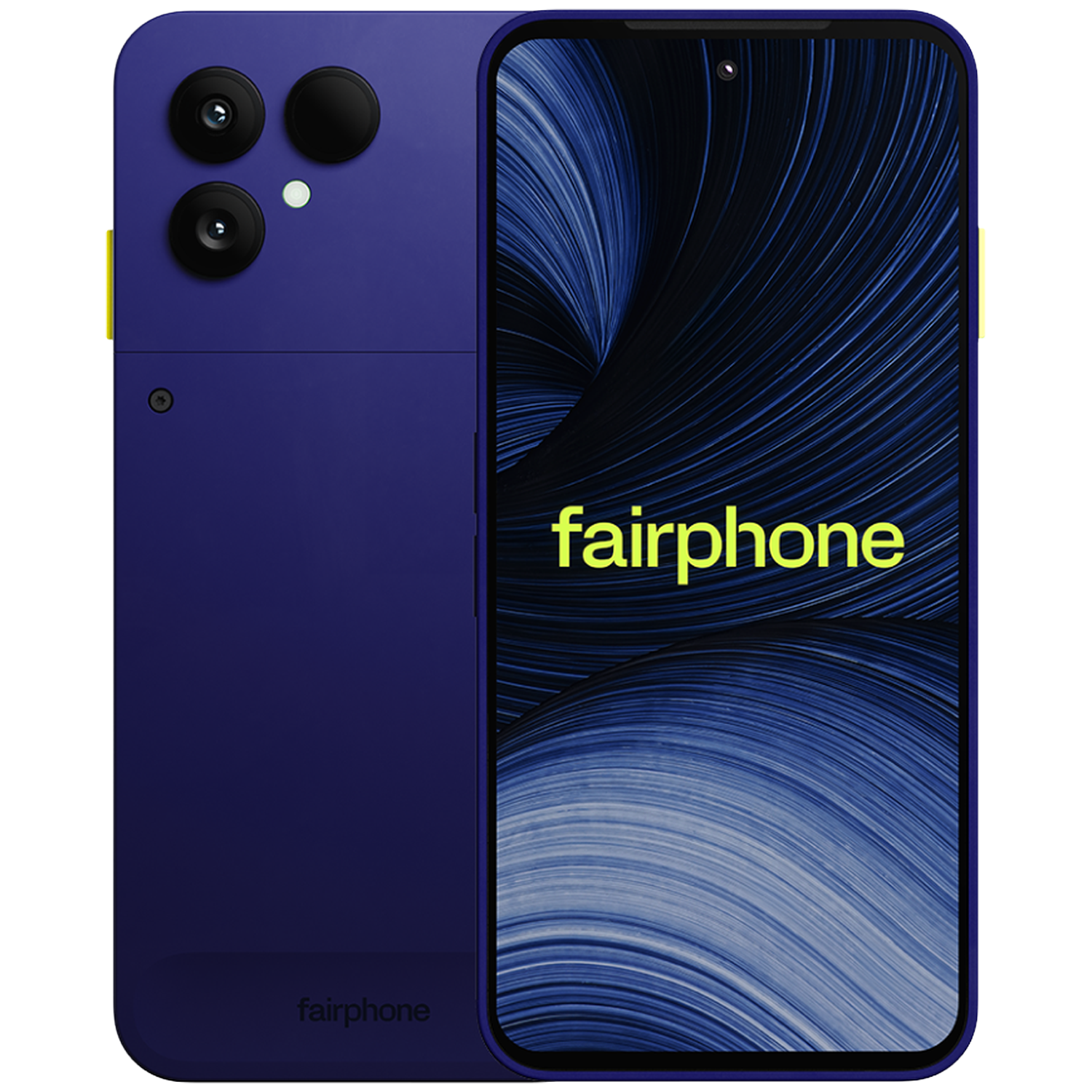 Paarse Fairphone smartphone met drie camera's achterop en blauw golvend scherm met geel logo.