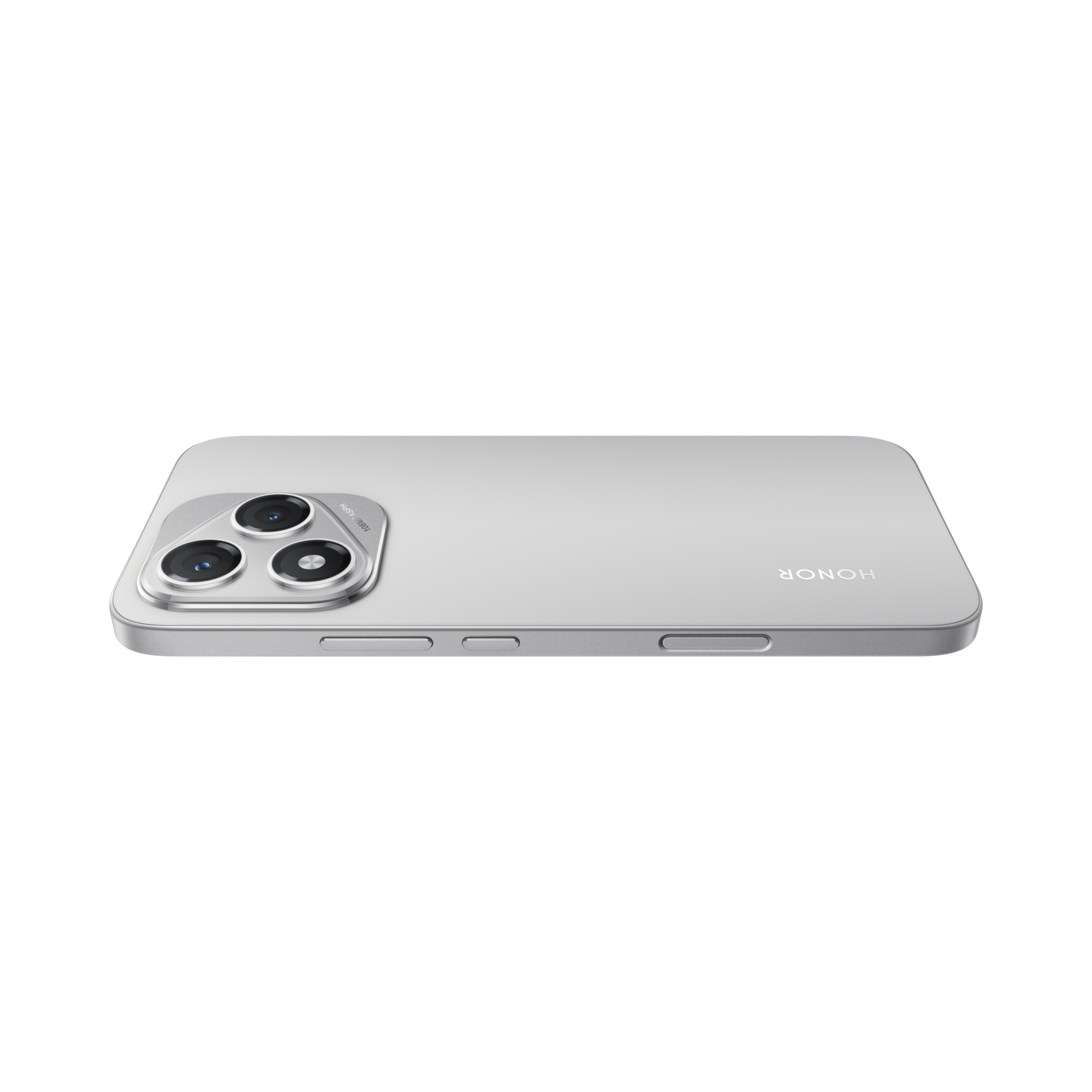 Een zilveren smartphone met drie cameralenzen wordt getoond op een zwarte achtergrond. De merknaam HONOR is zichtbaar.