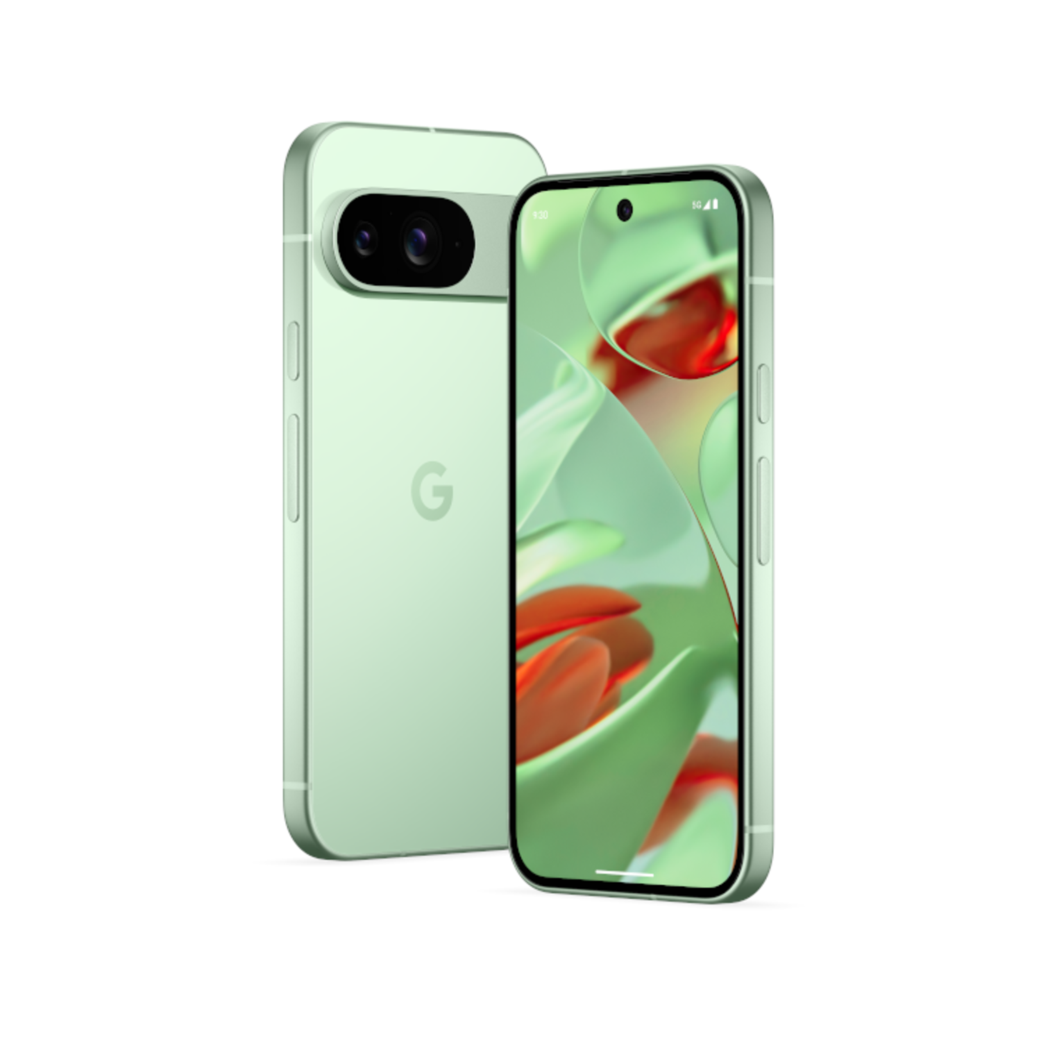 Twee mintgroene smartphones. Eén toont een kleurrijk abstract beeld, de andere heeft twee camera's en een G-logo.