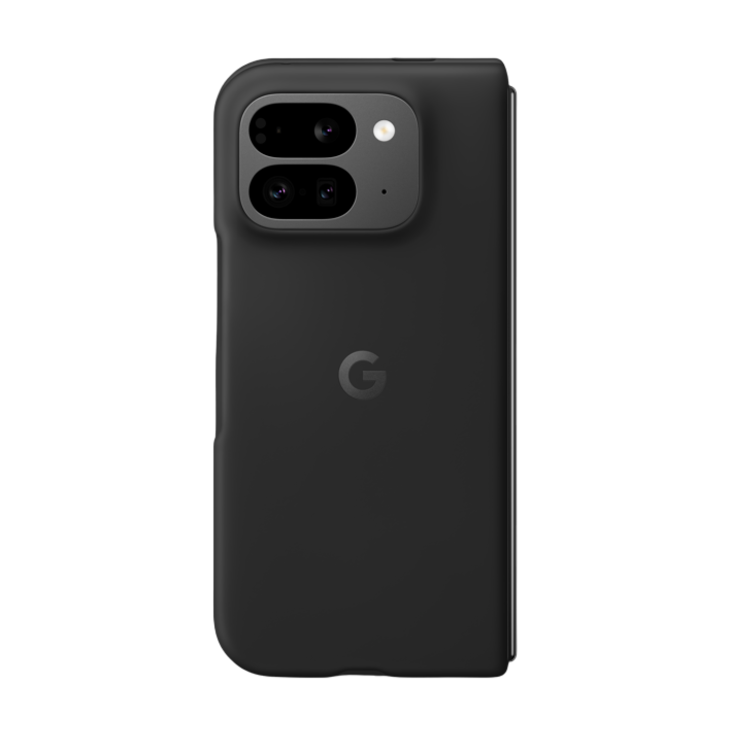 Een zwarte telefoonhoes met het Google-logo en cameralenzen op een zwarte achtergrond.