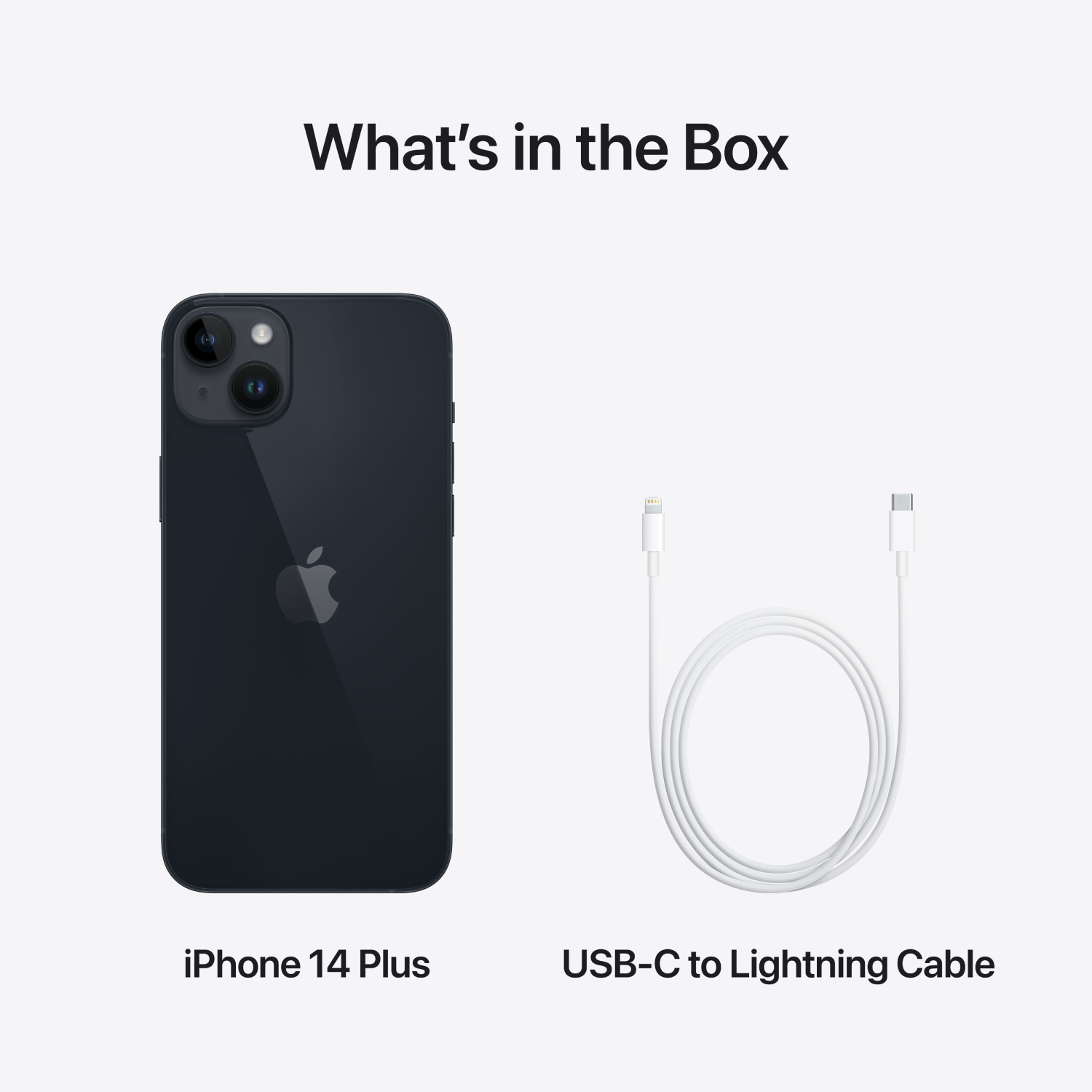 iPhone 14 Plus en een USB-C naar Lightning kabel op een witte achtergrond.