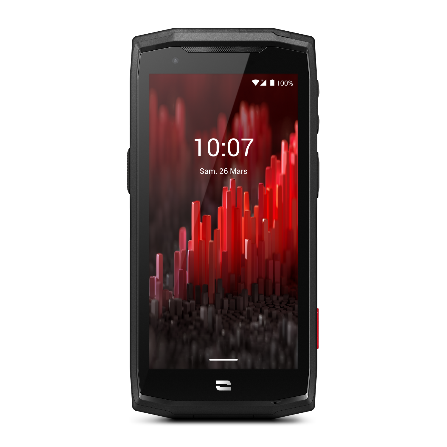 Zwarte smartphone met een rode accent, met een abstracte rode afbeelding.
