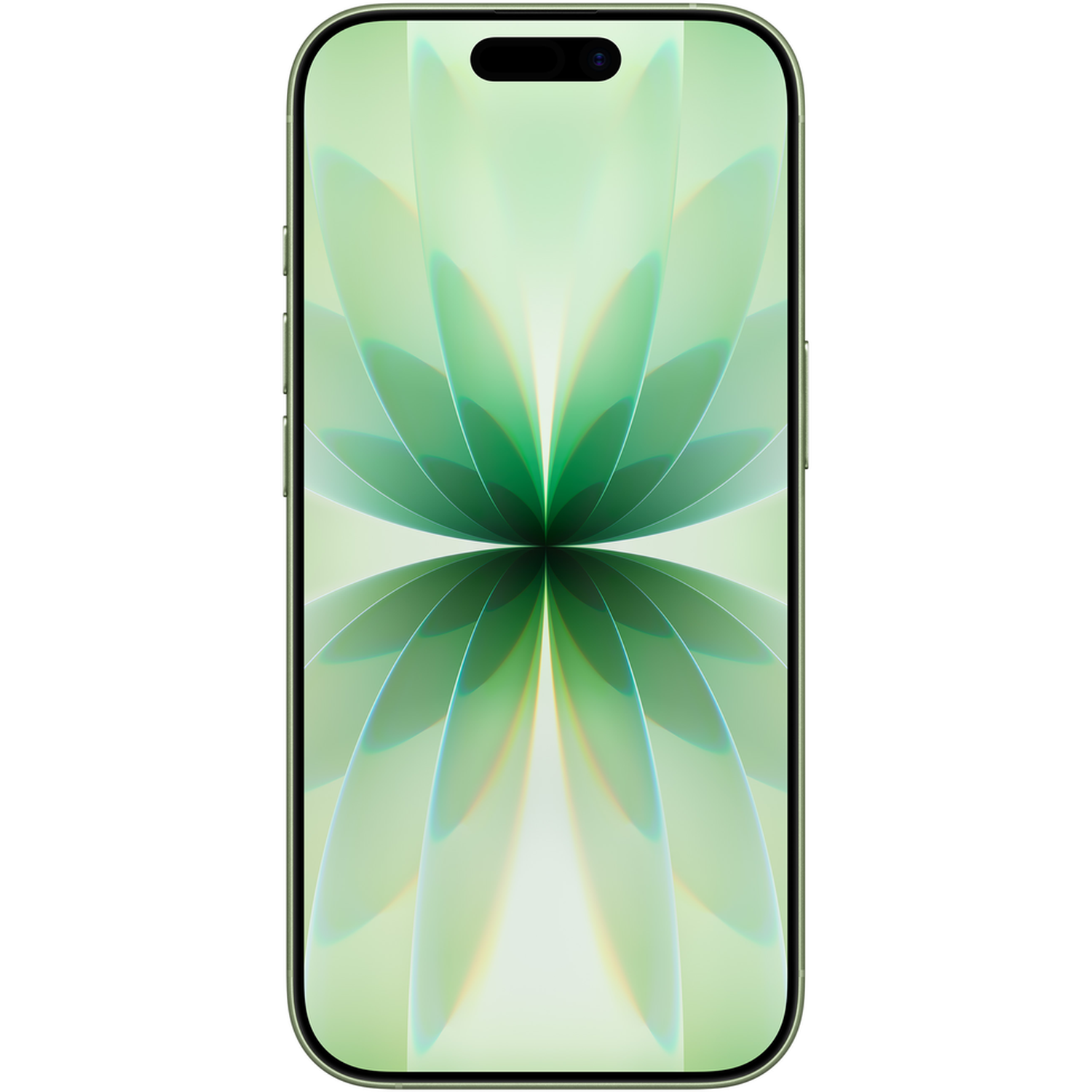 Een groene smartphone wordt weergegeven, met een groen bloemenbehang. De telefoon heeft een zwarte cameramodule en een metalen frame.