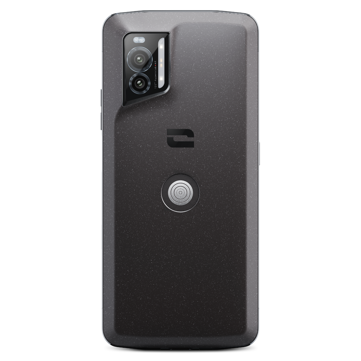 De achterkant van een zwarte telefoonhoes met een camerabult en een knop, zwarte achtergrond.