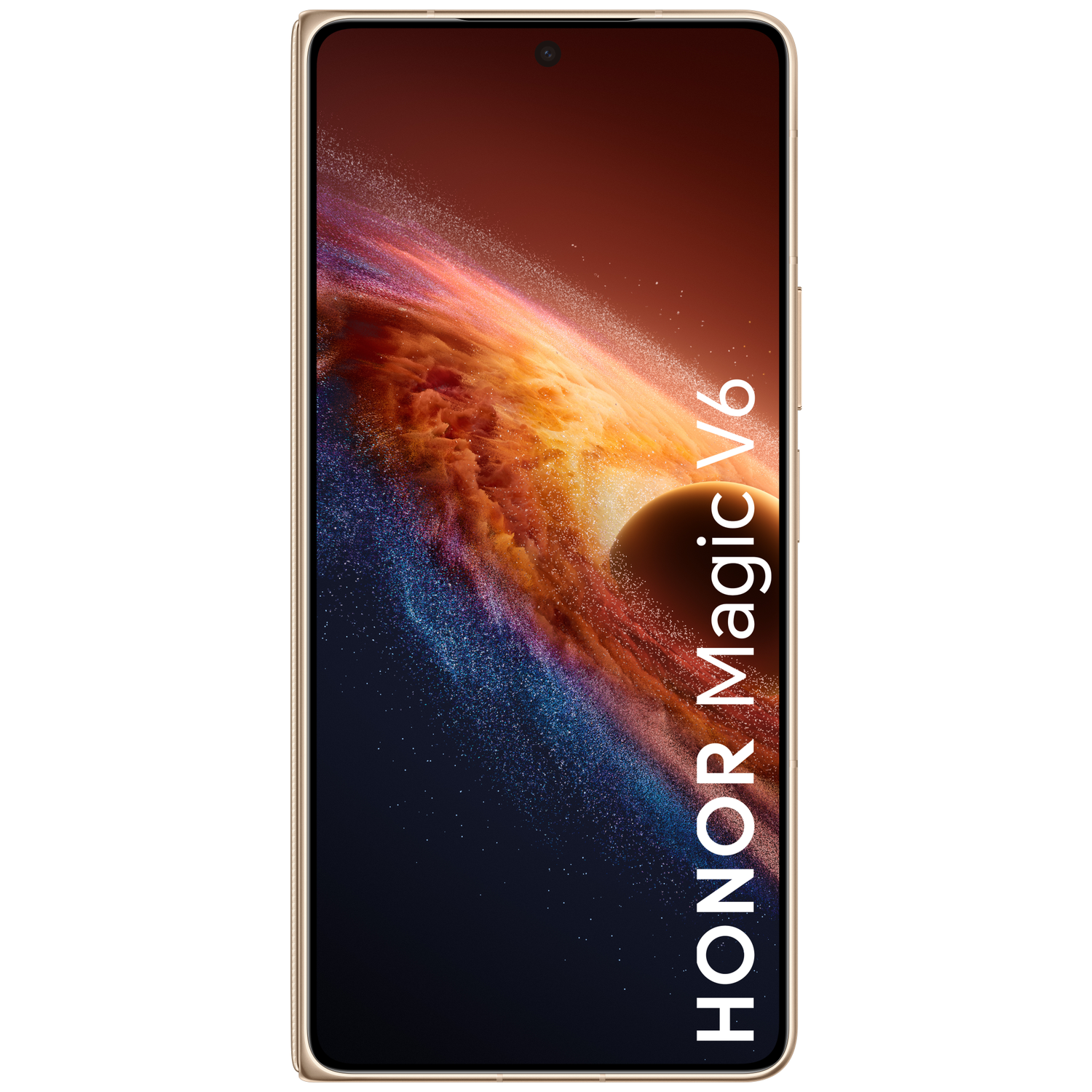 Een gouden HONOR Magic V6 met een kosmisch achtergrond.
