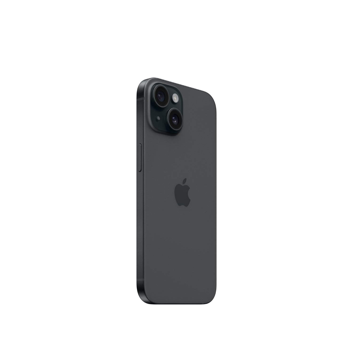 Zwarte iPhone van achteren, met cameralenzen, Apple-logo en zijknopjes op witte achtergrond.