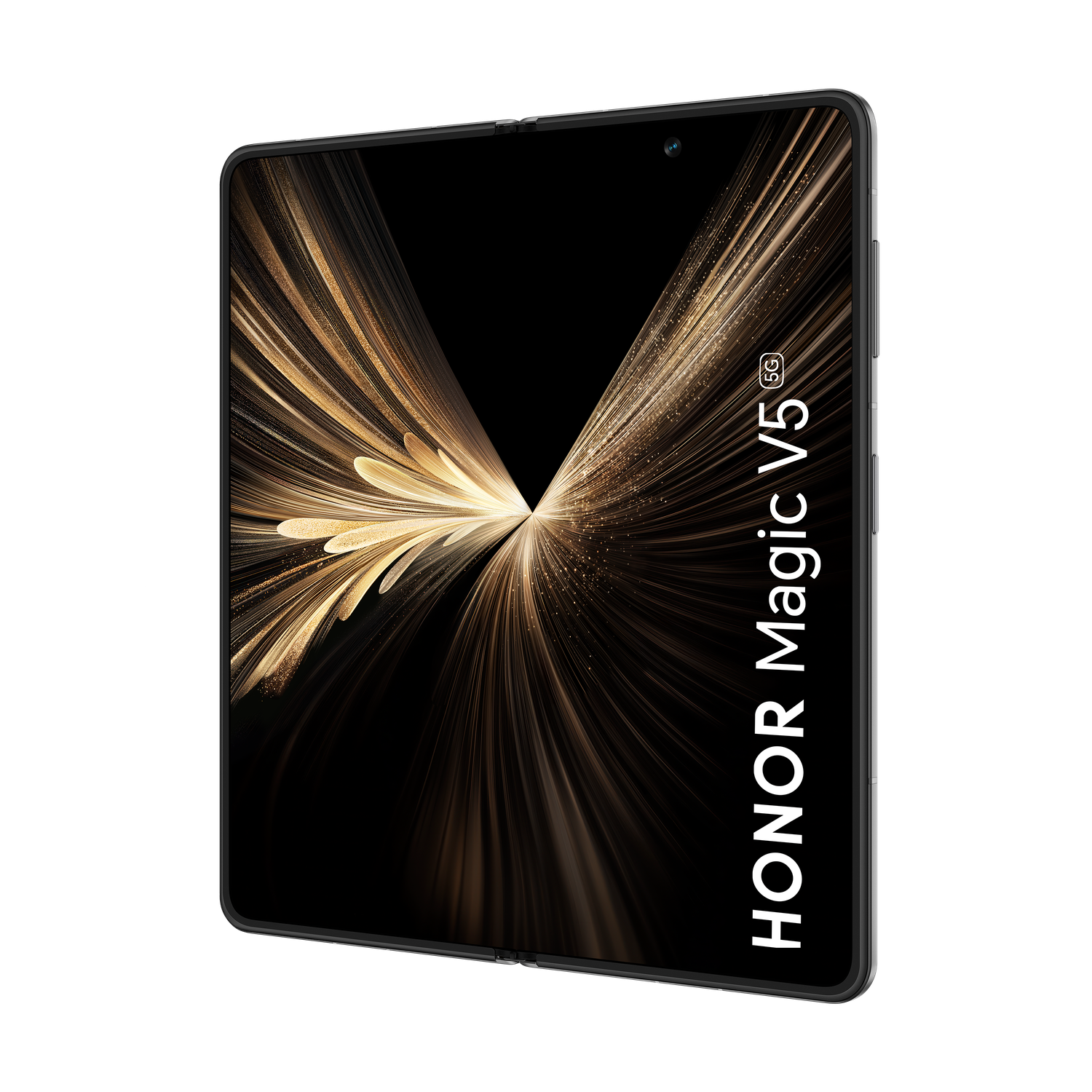 Een opvouwbare telefoon, HONOR Magic V5, met een zwart scherm en een goudkleurig ontwerp wordt getoond tegen een zwarte achtergrond.